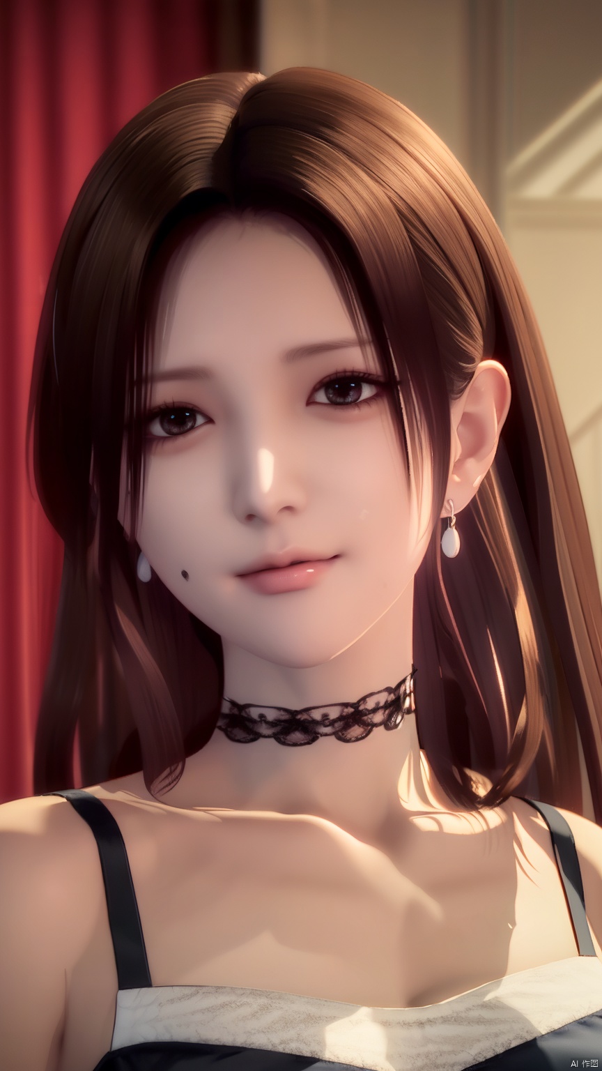 HZMiHua, 1girl, solo, brown hair, dress, bare shoulders, jewelry, earrings, choker, necklace, mole, hair over half an eye, lips, mole under mouth,cowboy shot