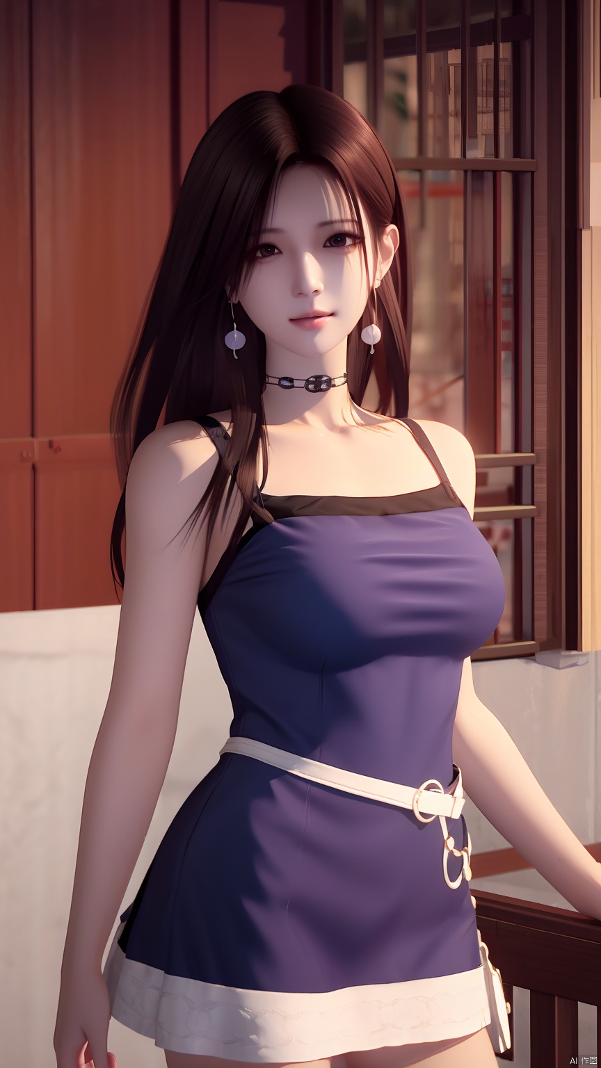 HZMiHua, 1girl, solo, brown hair, dress, bare shoulders, jewelry, earrings, choker, necklace, mole, hair over half an eye, lips, mole under mouth,cowboy shot
