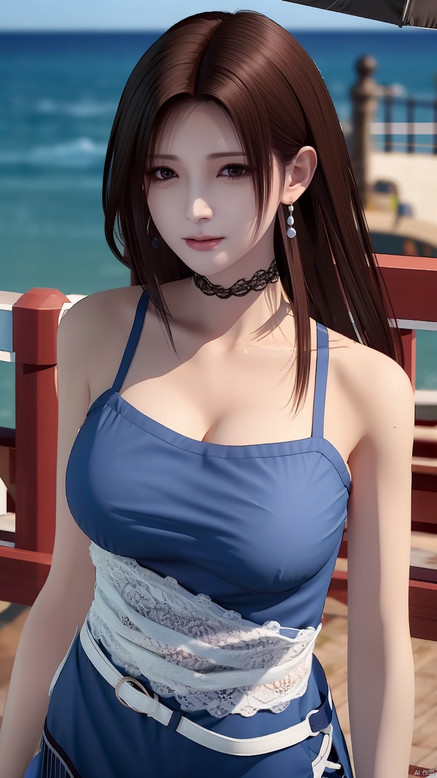 masterpiece, best quality, 8K, ultra high res, HZMiHua, Mature woman, solo,up body, seaside, belt, lace, earrings, collarbone, (mole under mouth: 1.2)