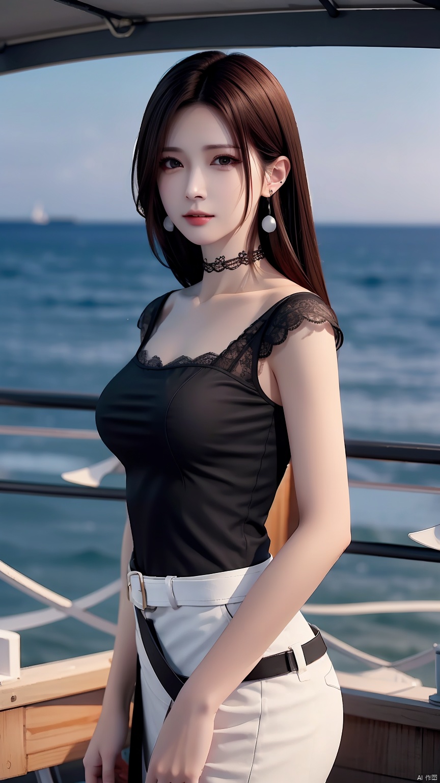 masterpiece, best quality, 8K, ultra high res, HZMiHua, Mature woman, solo,up body, seaside, belt, lace, earrings, collarbone, (mole under mouth: 1.1), (gothic:1.1),HXMiHua