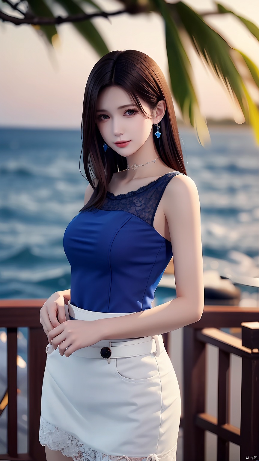 A masterpiece of elegance, a mature woman stands alone on the seaside, her upturned body radiating confidence. She wears blue attire that complements her skin tone, with intricate lace details and delicate earrings framing her face. A belt cinches at her waist, drawing attention to her toned physique. The camera focuses on her collarbone, where a small mole beneath her mouth adds a touch of whimsy. The ultra-high resolution (8K) captures every subtle detail, from the gentle ocean breeze rustling her hair to the delicate curve of her neck.