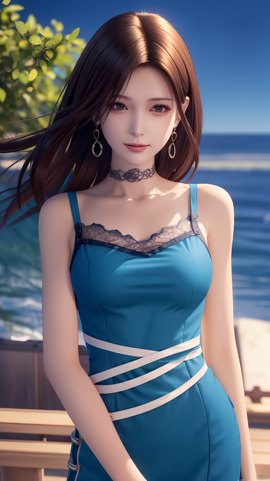 A masterpiece of elegance, a mature woman stands alone on the seaside, her upturned body radiating confidence. She wears blue attire that complements her skin tone, with intricate lace details and delicate earrings framing her face. A belt cinches at her waist, drawing attention to her toned physique. The camera focuses on her collarbone, where a small mole beneath her mouth adds a touch of whimsy. The ultra-high resolution (8K) captures every subtle detail, from the gentle ocean breeze rustling her hair to the delicate curve of her neck.