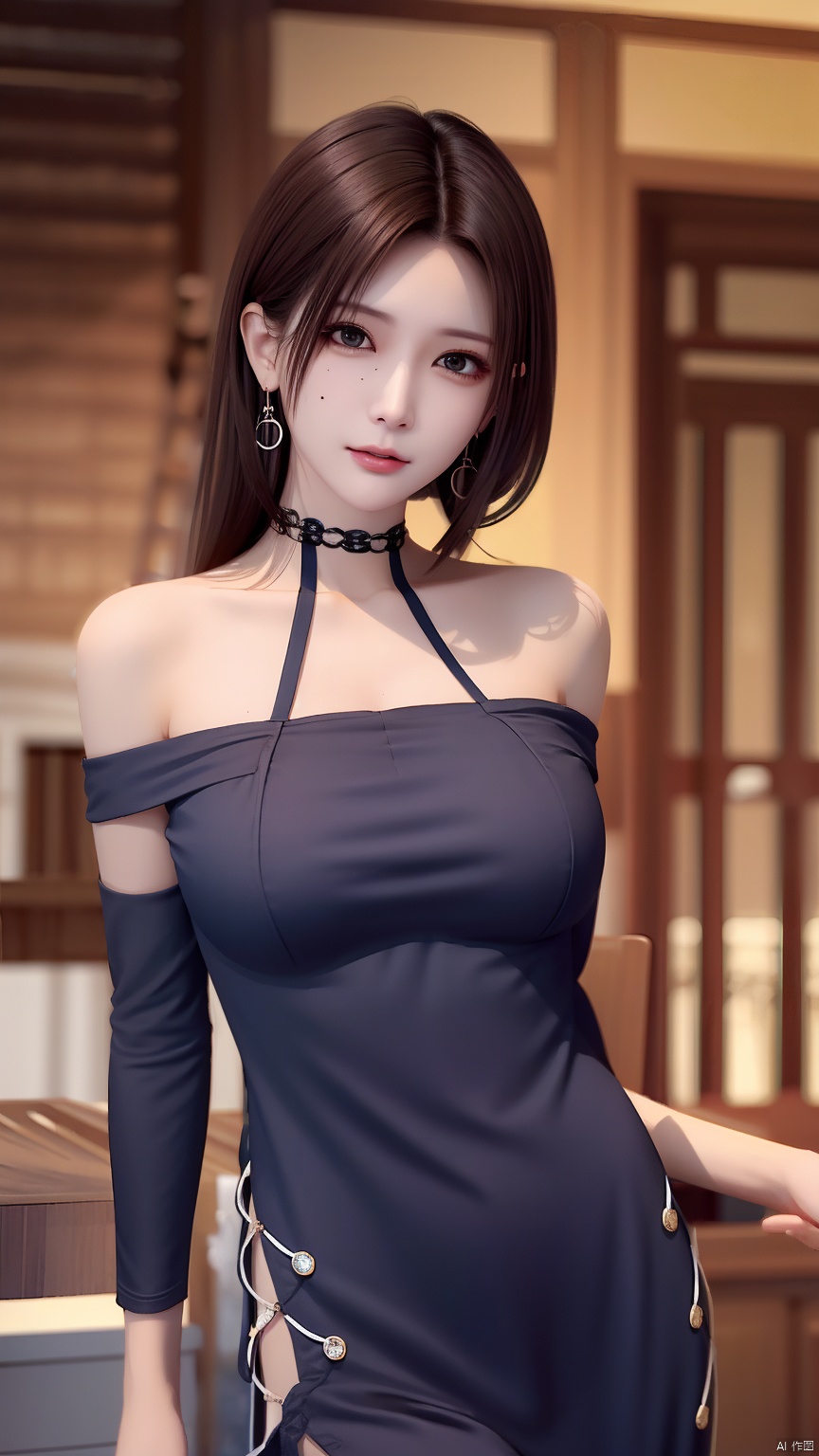 HZMiHua, 1girl, solo, brown hair, dress, bare shoulders, jewelry, earrings, choker, necklace, mole, hair over half an eye, lips, mole under mouth,cowboy shot