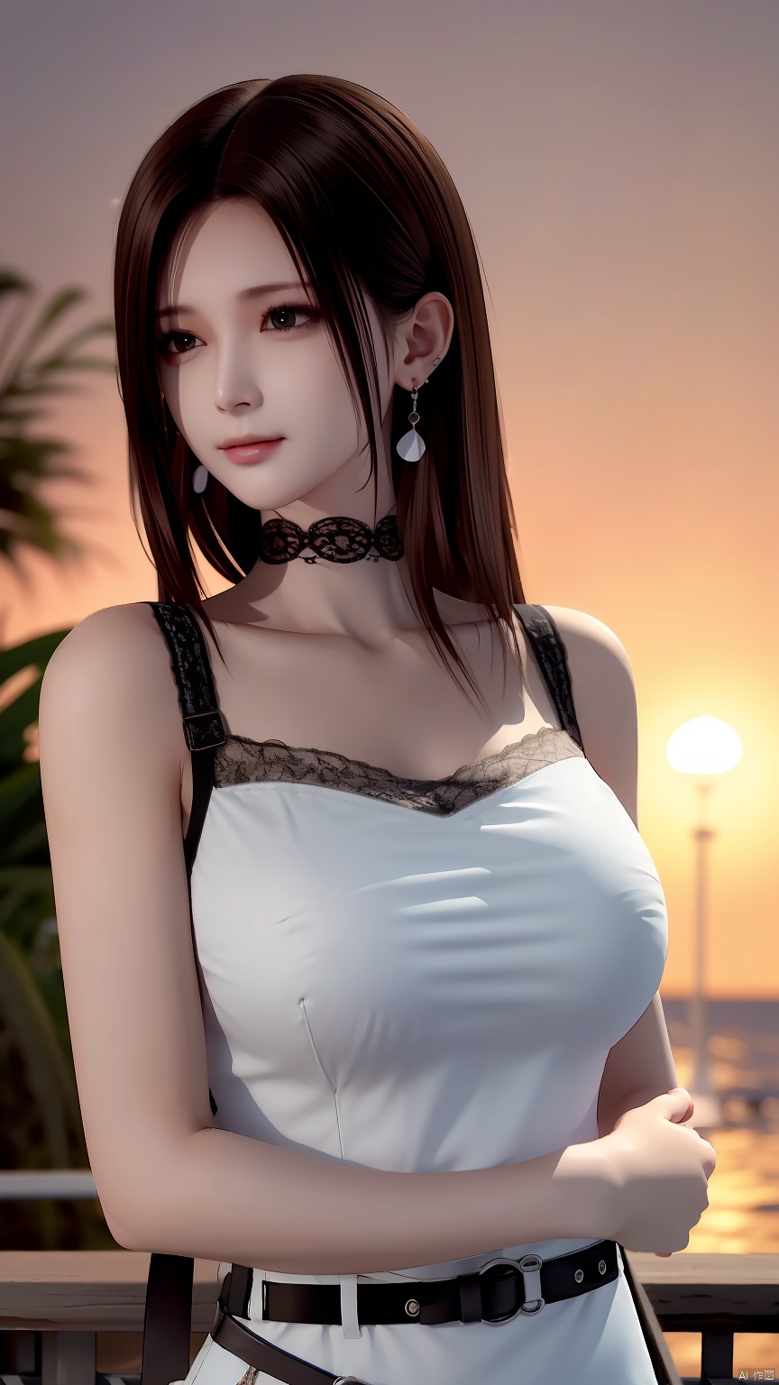 masterpiece, best quality, 8K, ultra high res, HZMiHua, Mature woman, solo,up body, seaside, belt, lace, earrings, collarbone, (mole under mouth: 1.2), Dress