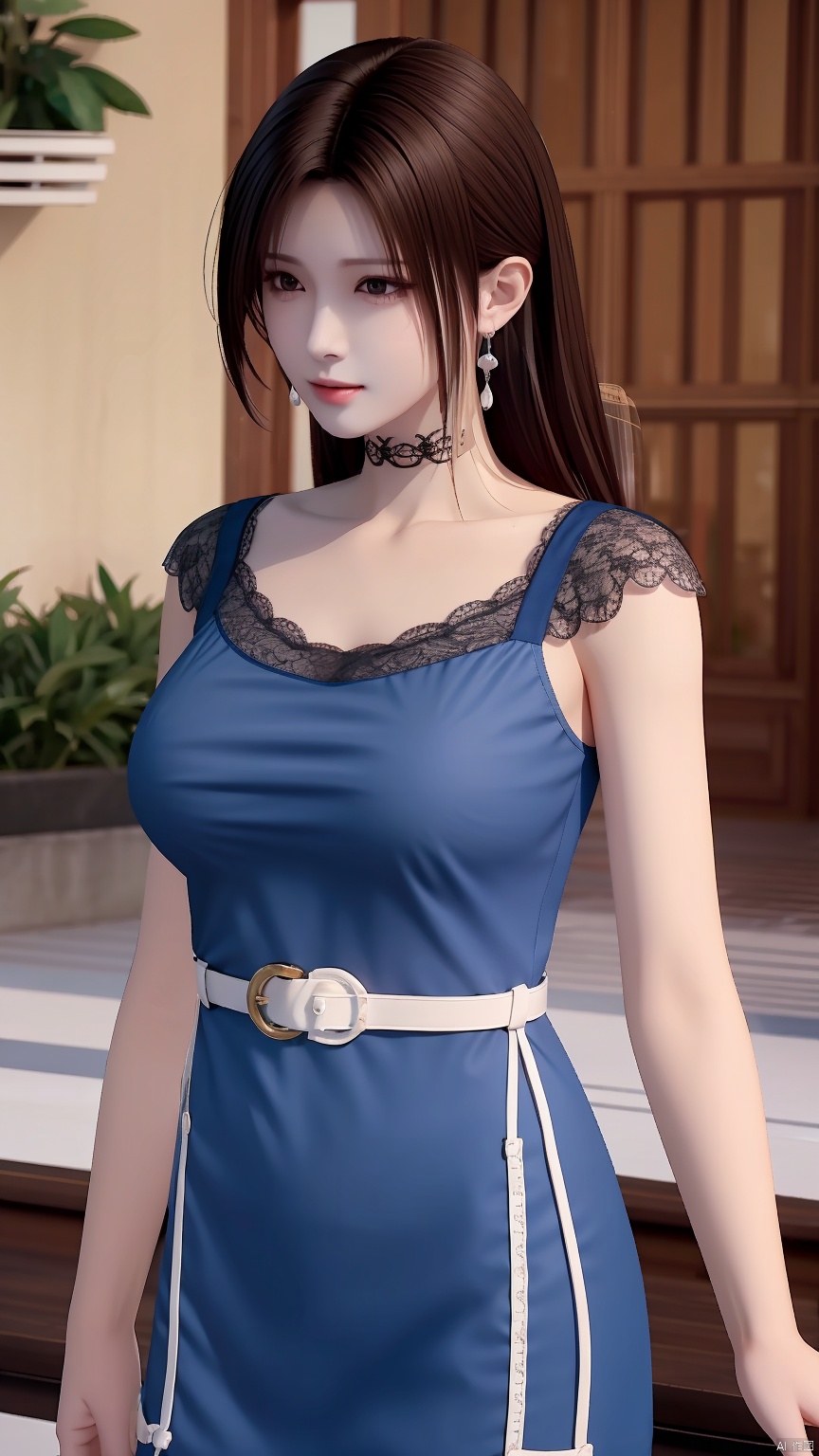 masterpiece, best quality, 8K, ultra high res, HZMiHua, Mature woman, solo,up body, seaside, belt, lace, earrings, collarbone, (mole under mouth: 1.2), Blue clothes