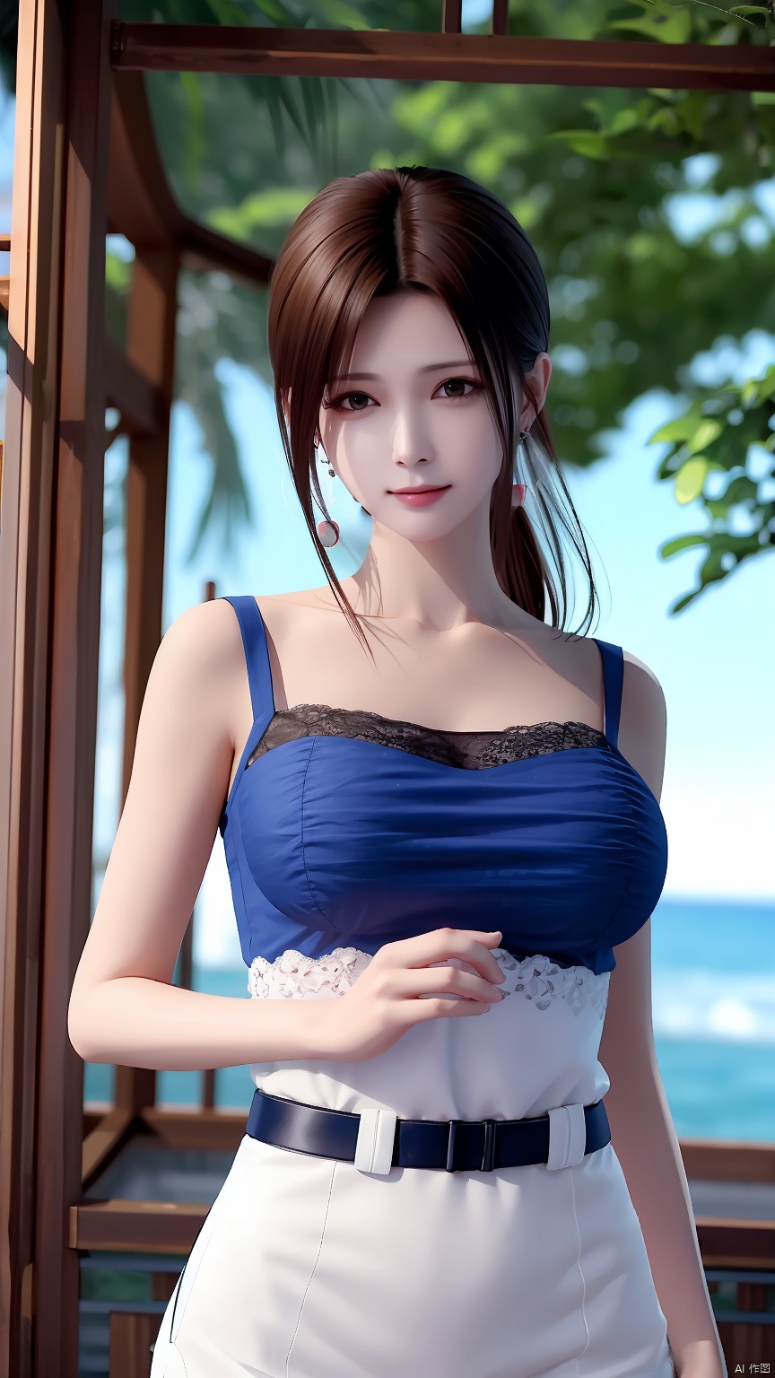 masterpiece, best quality, 8K, ultra high res, HZMiHua, Mature woman, solo,up body, seaside, belt, lace, earrings, collarbone, (mole under mouth: 1.2), Blue clothes