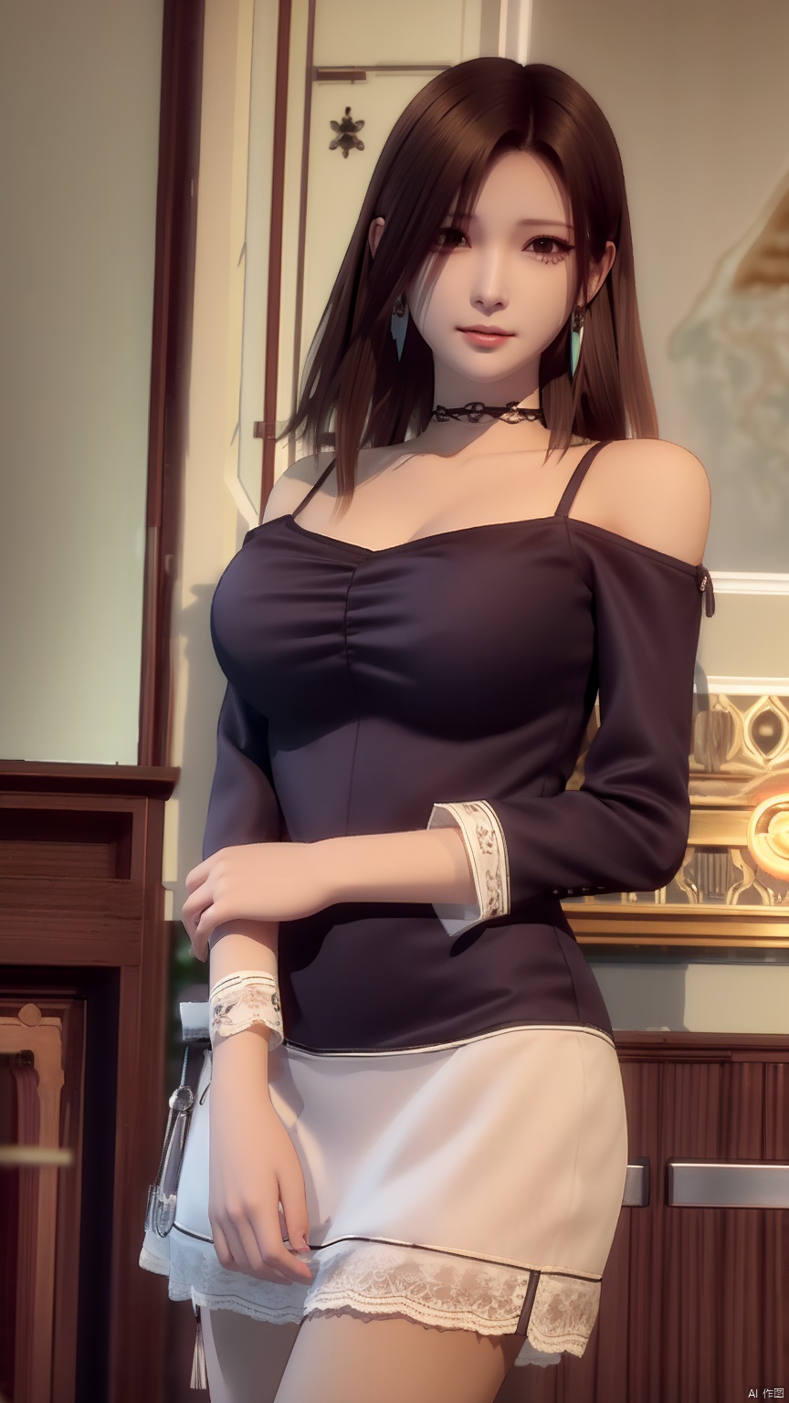 HZMiHua, 1girl, solo, brown hair, dress, bare shoulders, jewelry, earrings, choker, necklace, mole, hair over half an eye, lips, mole under mouth,cowboy shot
