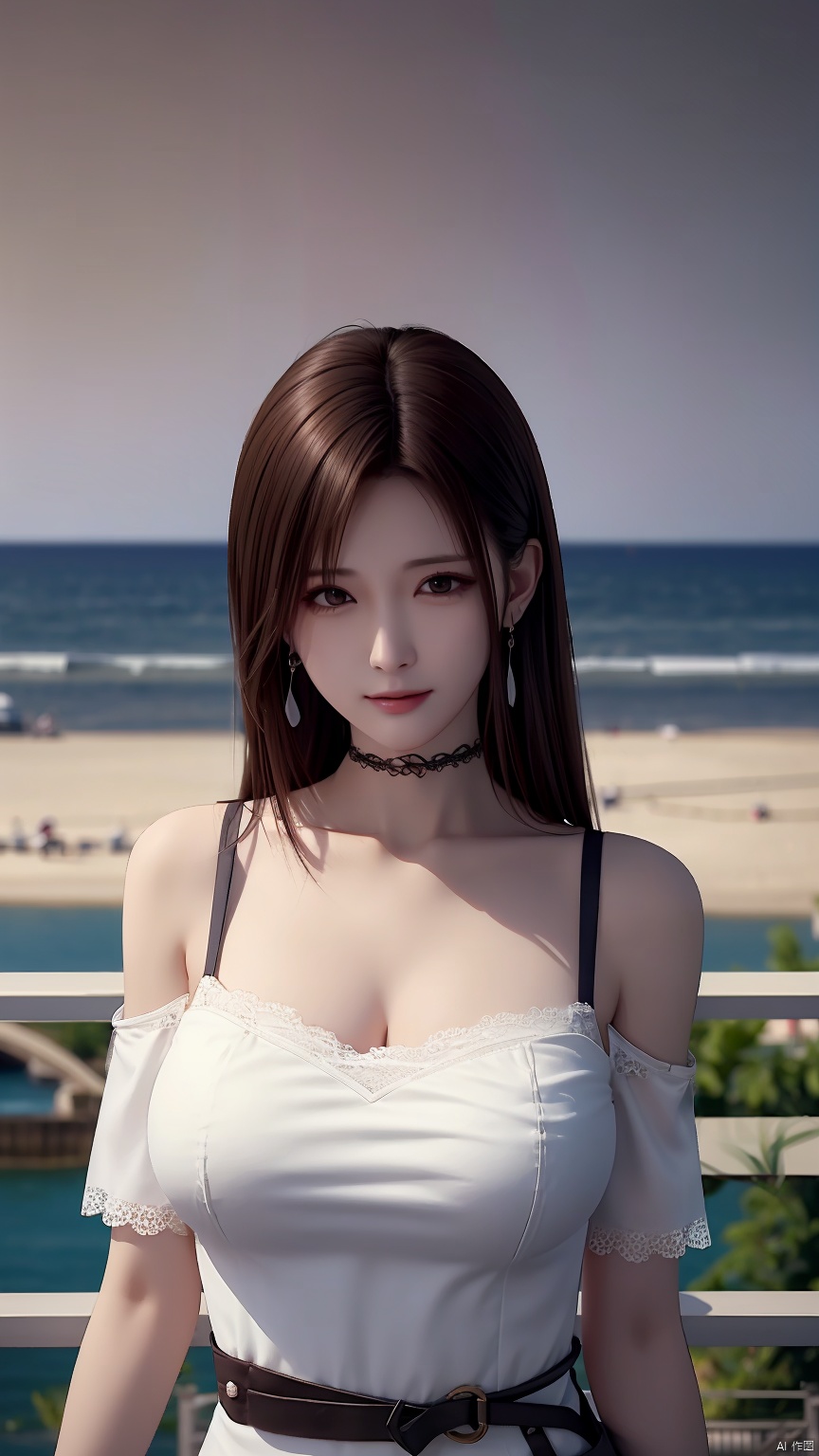 masterpiece, best quality, 8K, ultra high res, HZMiHua, Mature woman, solo,up body, seaside, belt, lace, earrings, collarbone, (mole under mouth: 1.2),