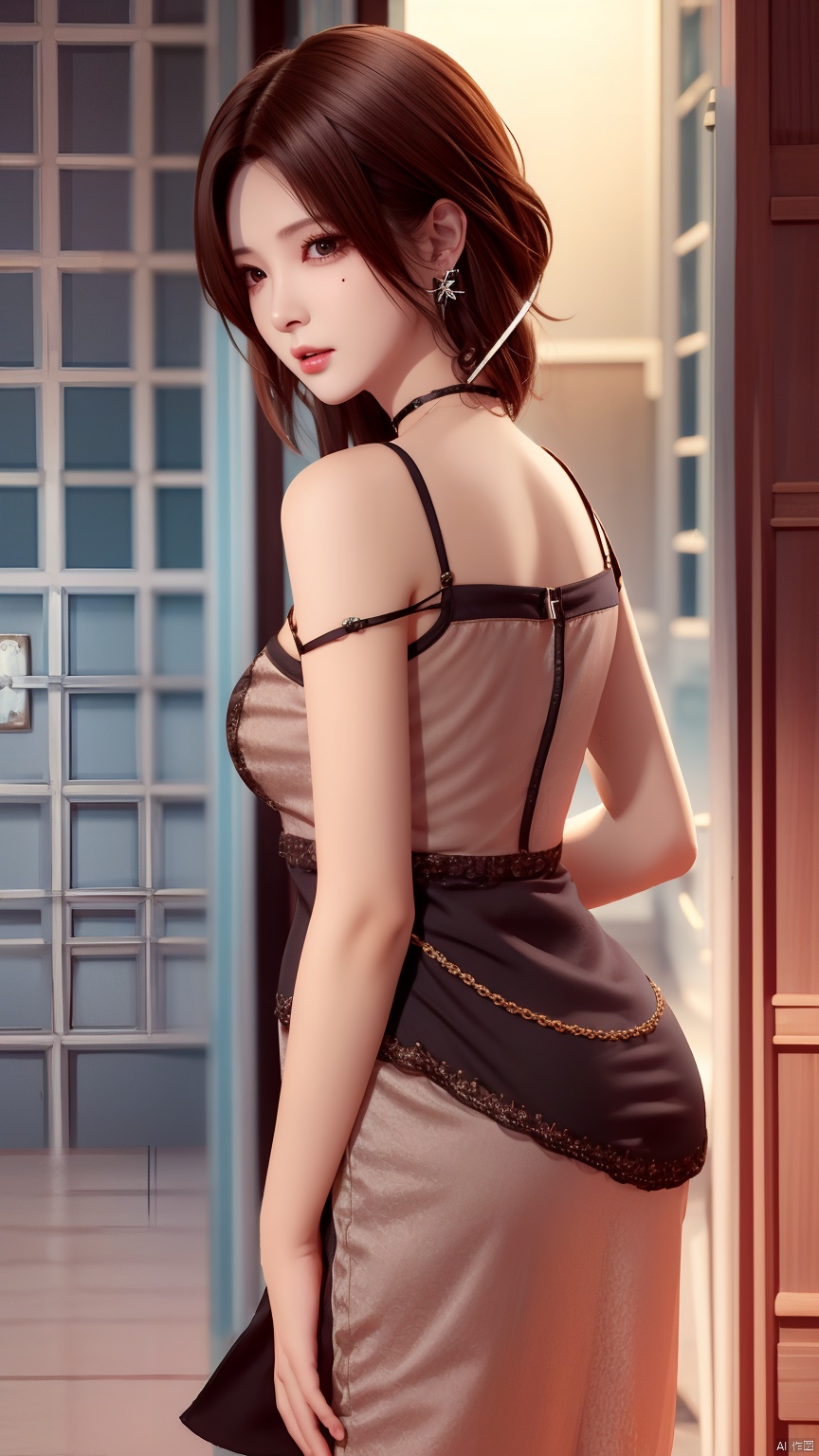 HZMiHua, 1girl, solo, brown hair, dress, bare shoulders, jewelry, earrings, choker, necklace, mole, hair over half an eye, lips, mole under mouth,cowboy shot