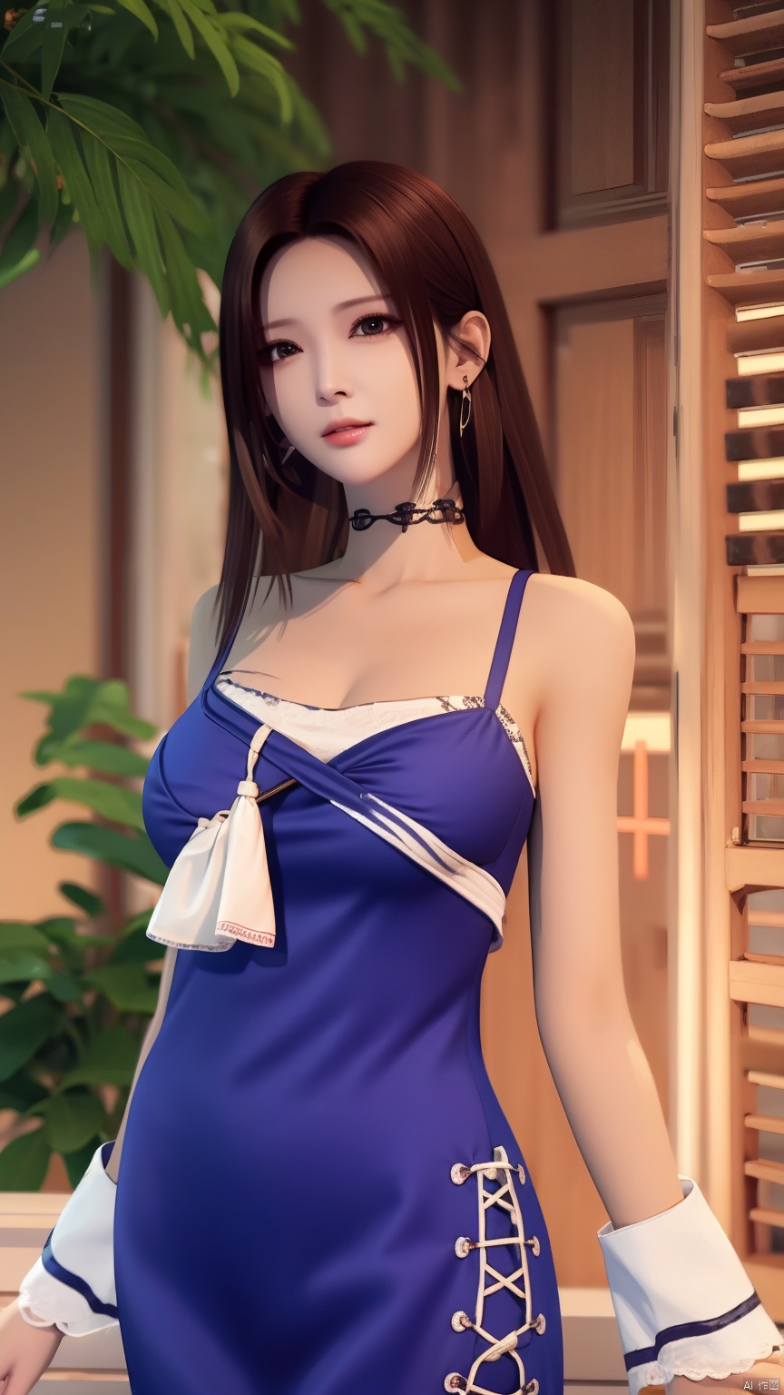 HZMiHua, 1girl, solo, brown hair, dress, bare shoulders, jewelry, earrings, choker, necklace, mole, hair over half an eye, lips, mole under mouth,cowboy shot