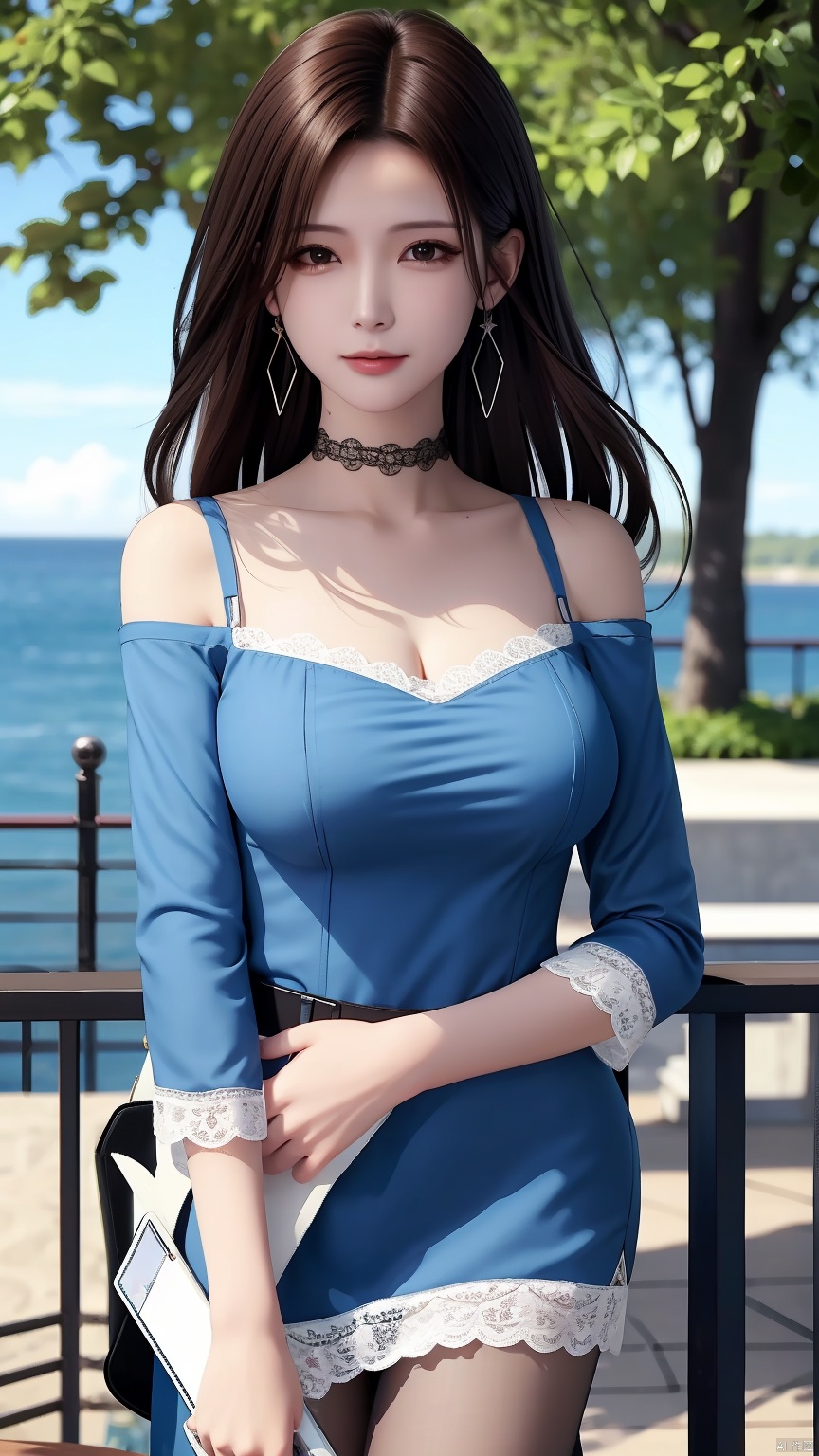 masterpiece, best quality, 8K, ultra high res, HZMiHua, Mature woman, solo,up body, seaside, long hair, pantyhose, Blue dress, belt, lace, earrings, collarbone, (mole under mouth: 1.3), (gun:1.1)