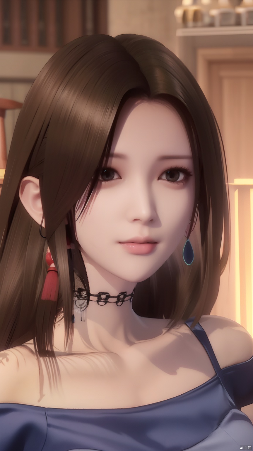 HZMiHua, 1girl, solo, brown hair, dress, bare shoulders, jewelry, earrings, choker, necklace, mole, hair over half an eye, lips, mole under mouth,cowboy shot
