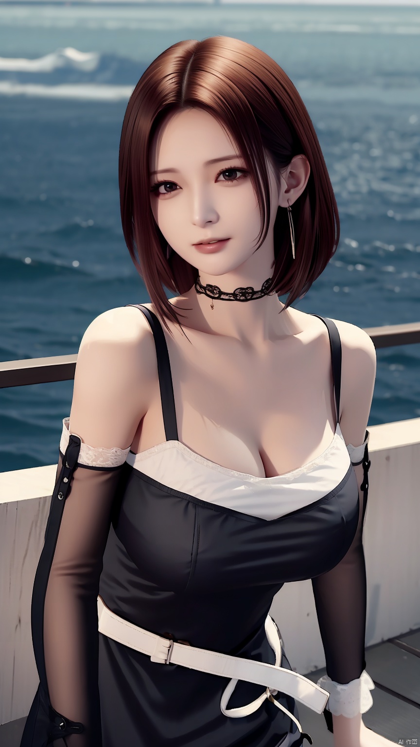 masterpiece, best quality, 8K, ultra high res, HZMiHua, Mature woman, solo,up body, seaside, belt, lace, earrings, collarbone, (mole under mouth: 1.1), (gothic:1.1)