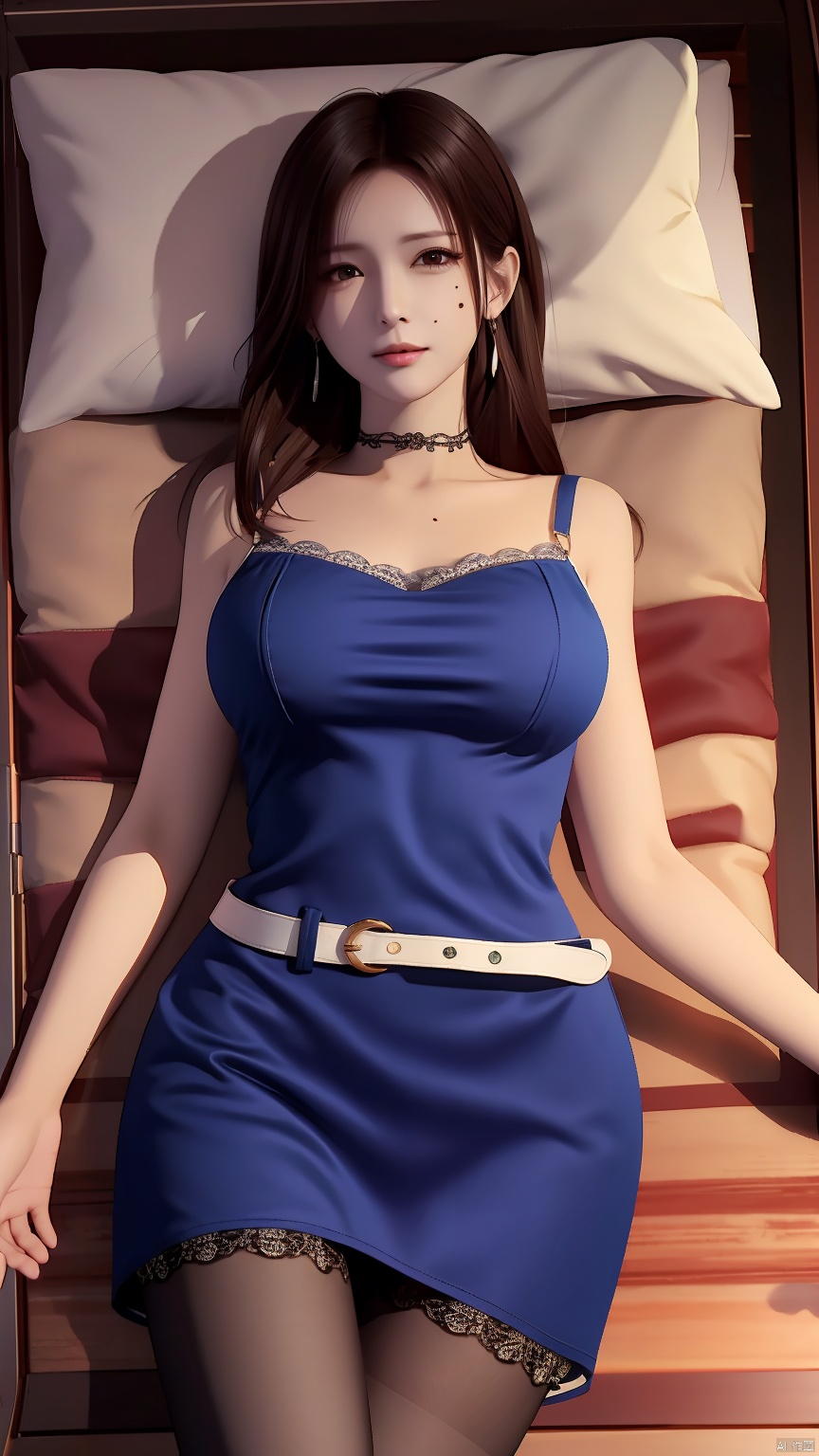 masterpiece, best quality, 8K, ultra high res, HZMiHua, Mature woman, solo,up body, seaside, long hair, pantyhose, Blue dress, belt, lace, earrings, collarbone, (mole under mouth: 1.3), (lying:1.1)