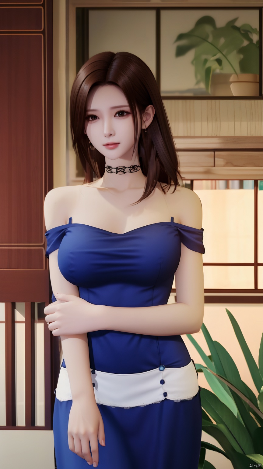 HZMiHua, 1girl, solo, brown hair, dress, bare shoulders, jewelry, earrings, choker, necklace, mole, hair over half an eye, lips, mole under mouth,cowboy shot