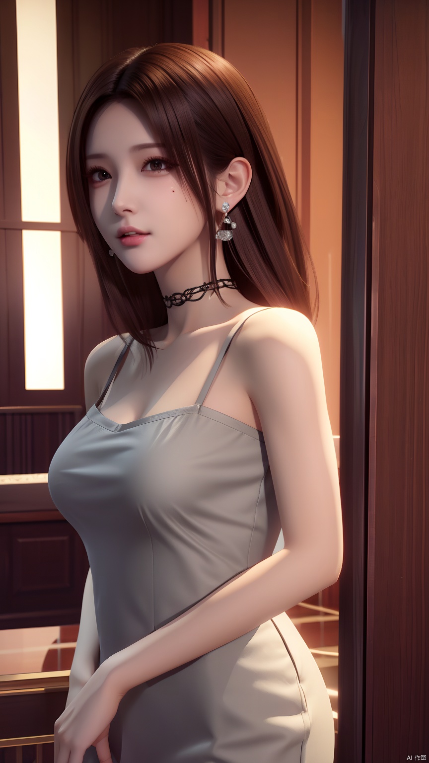 HZMiHua, 1girl, solo, brown hair, dress, bare shoulders, jewelry, earrings, choker, necklace, mole, hair over half an eye, lips, mole under mouth,cowboy shot