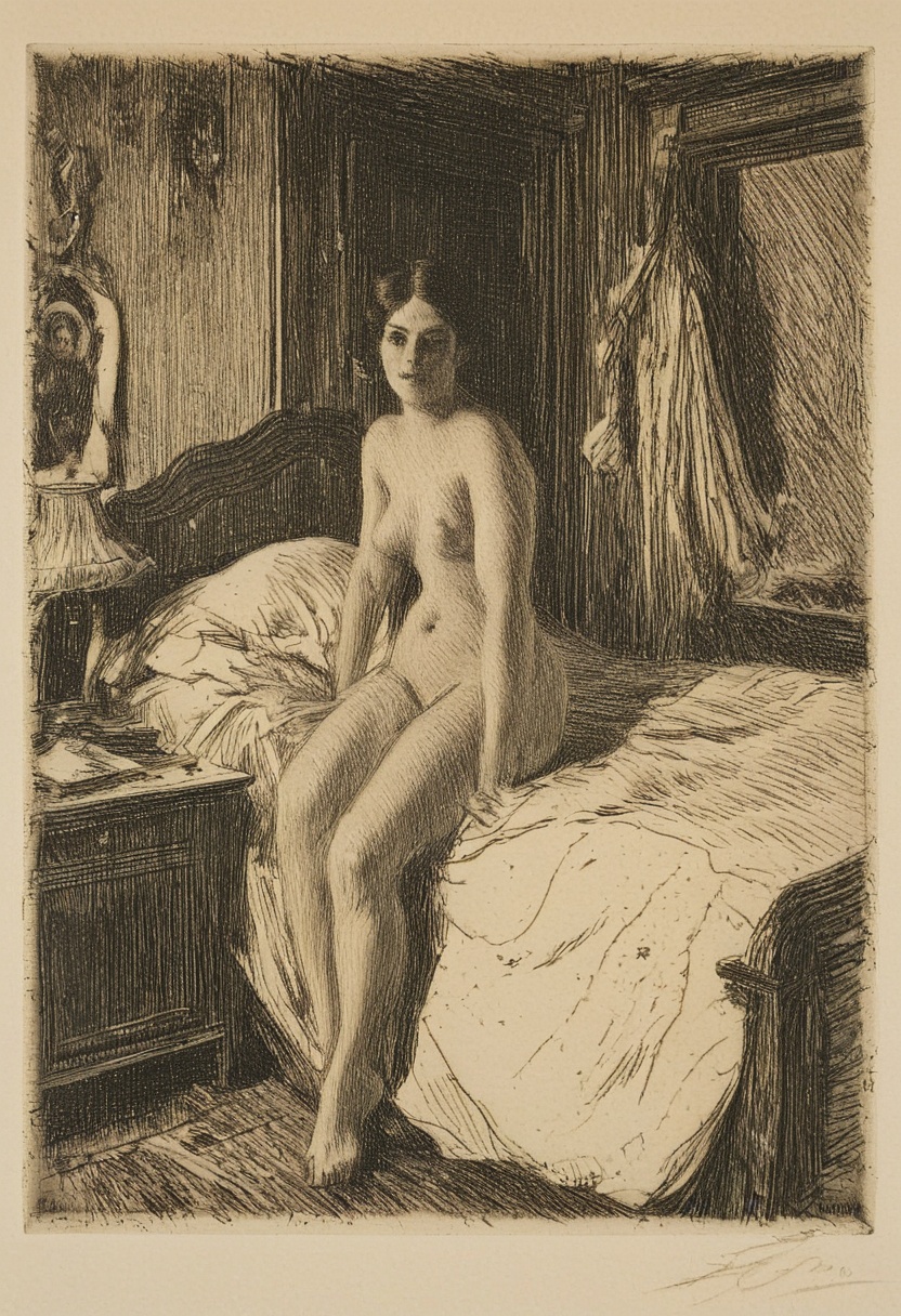 Impressive attractive wife in her room,  etching on Tensor.Art