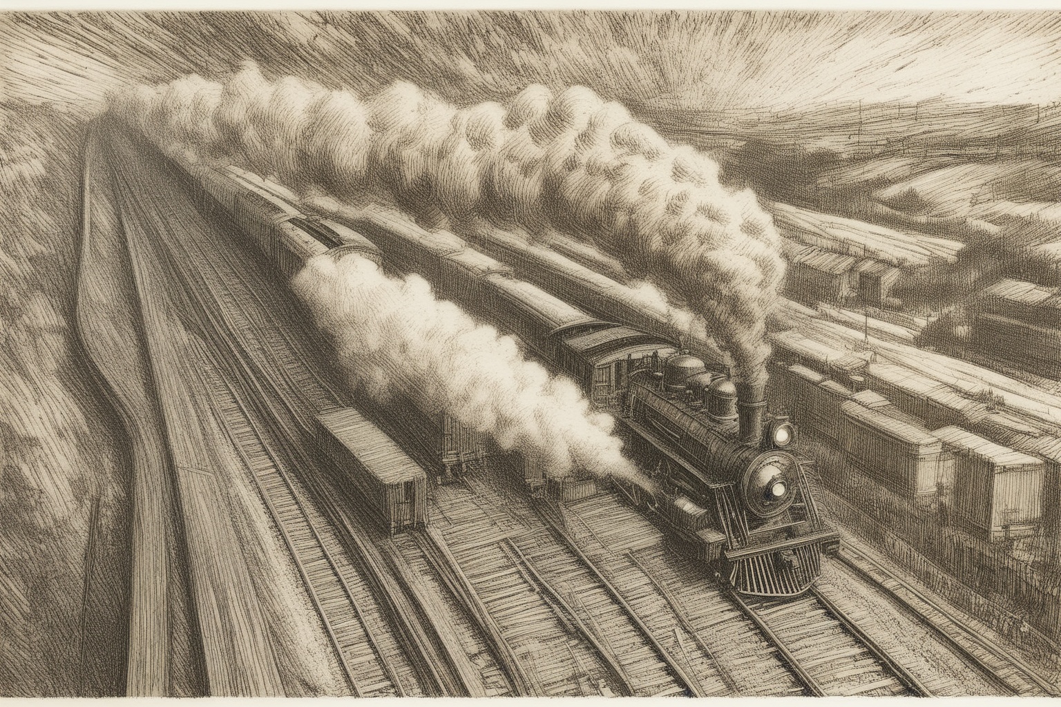 Overhead shot. Drawing of a steam train on a railroad,  Etching on Tensor.Art