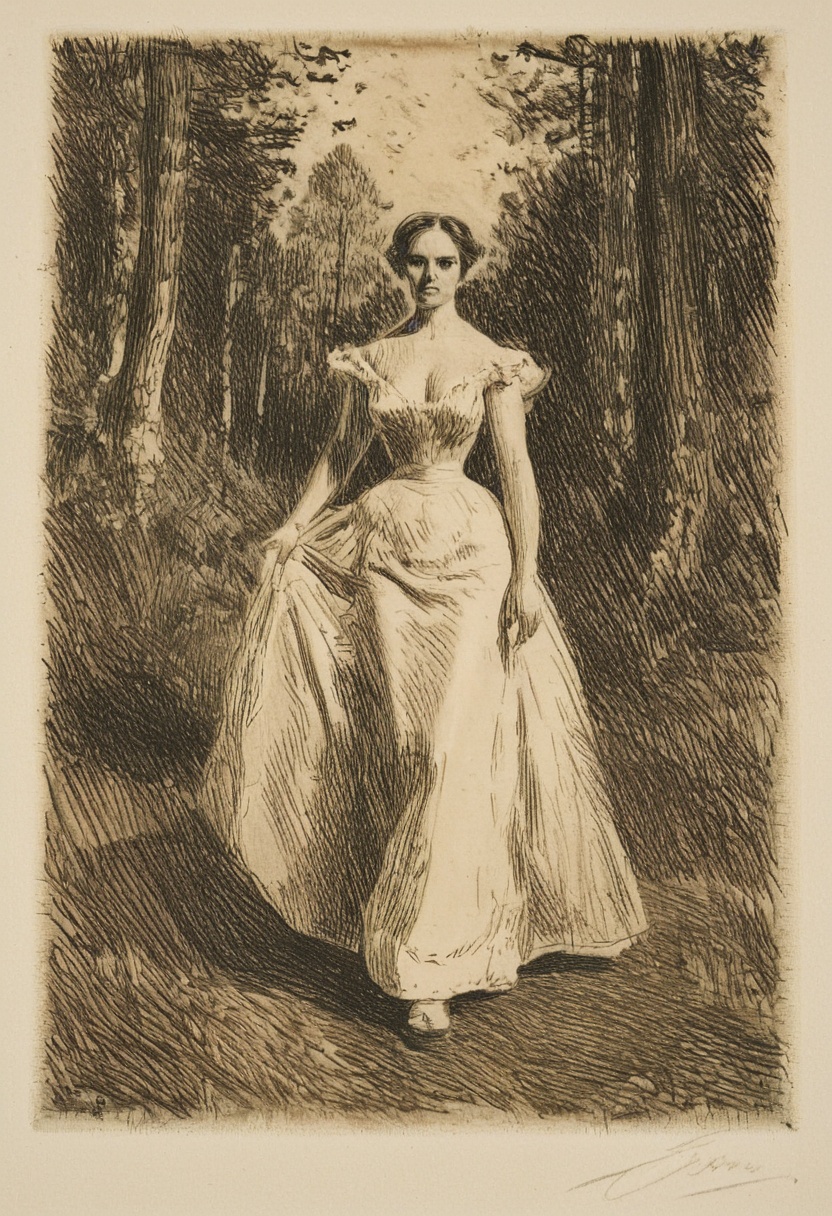 Attractive tall wife portrait with dress walking at the forest,  etching on Tensor.Art