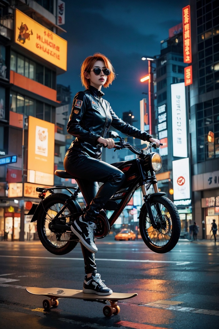woman in a black jump suit,  riding a skateboard,  cyberpunk night city setting on Tensor.Art