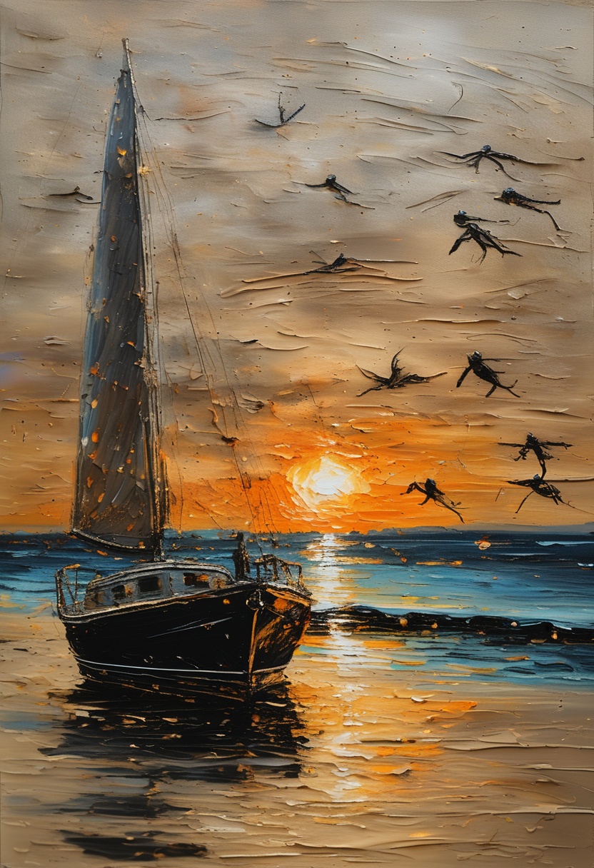 sparkles,  Impressionist oil painting on an old canvas,  sunset on the beach on Tensor.Art