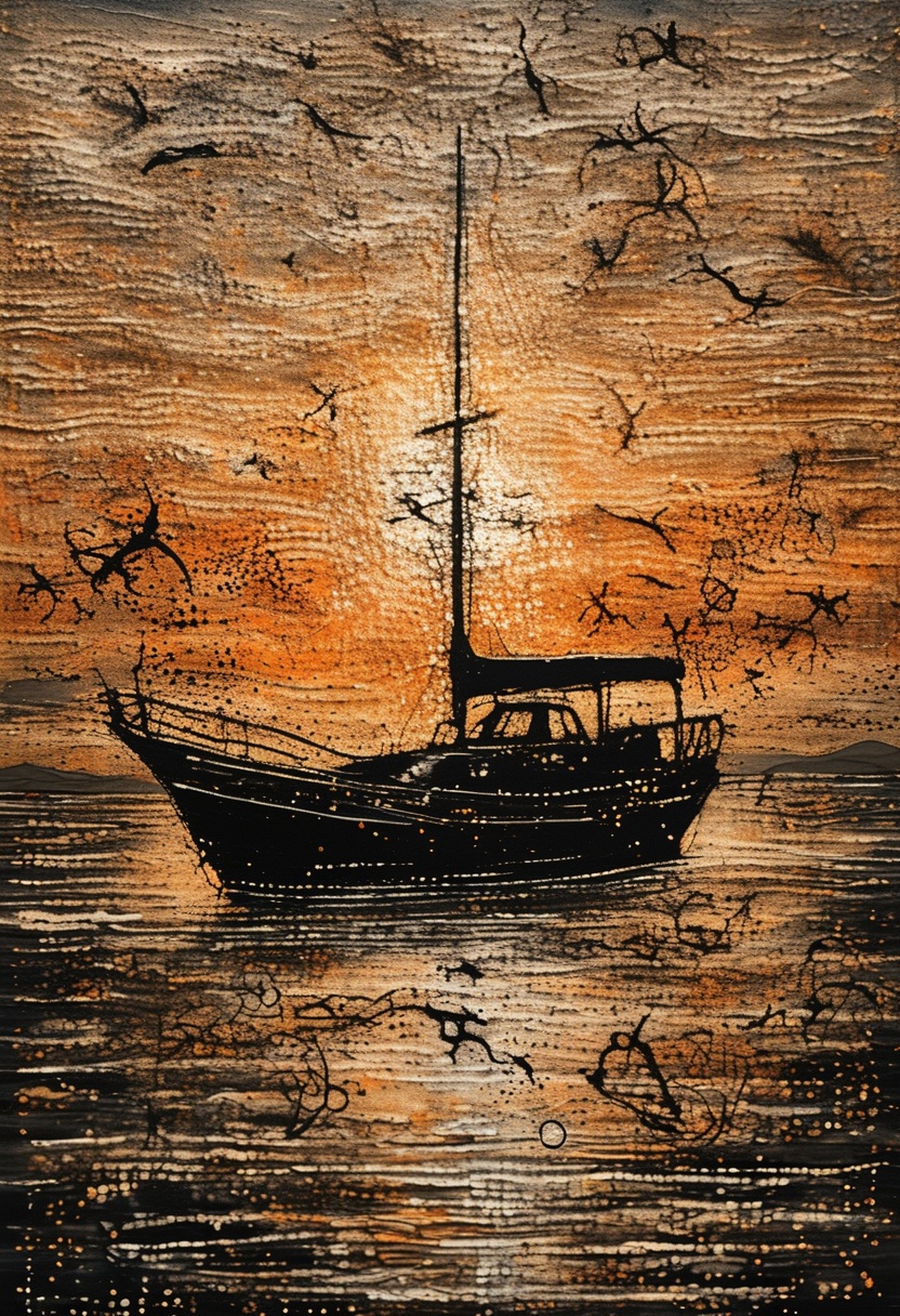 sparkles,  painting on an old canvas,  sunset on the beach on Tensor.Art