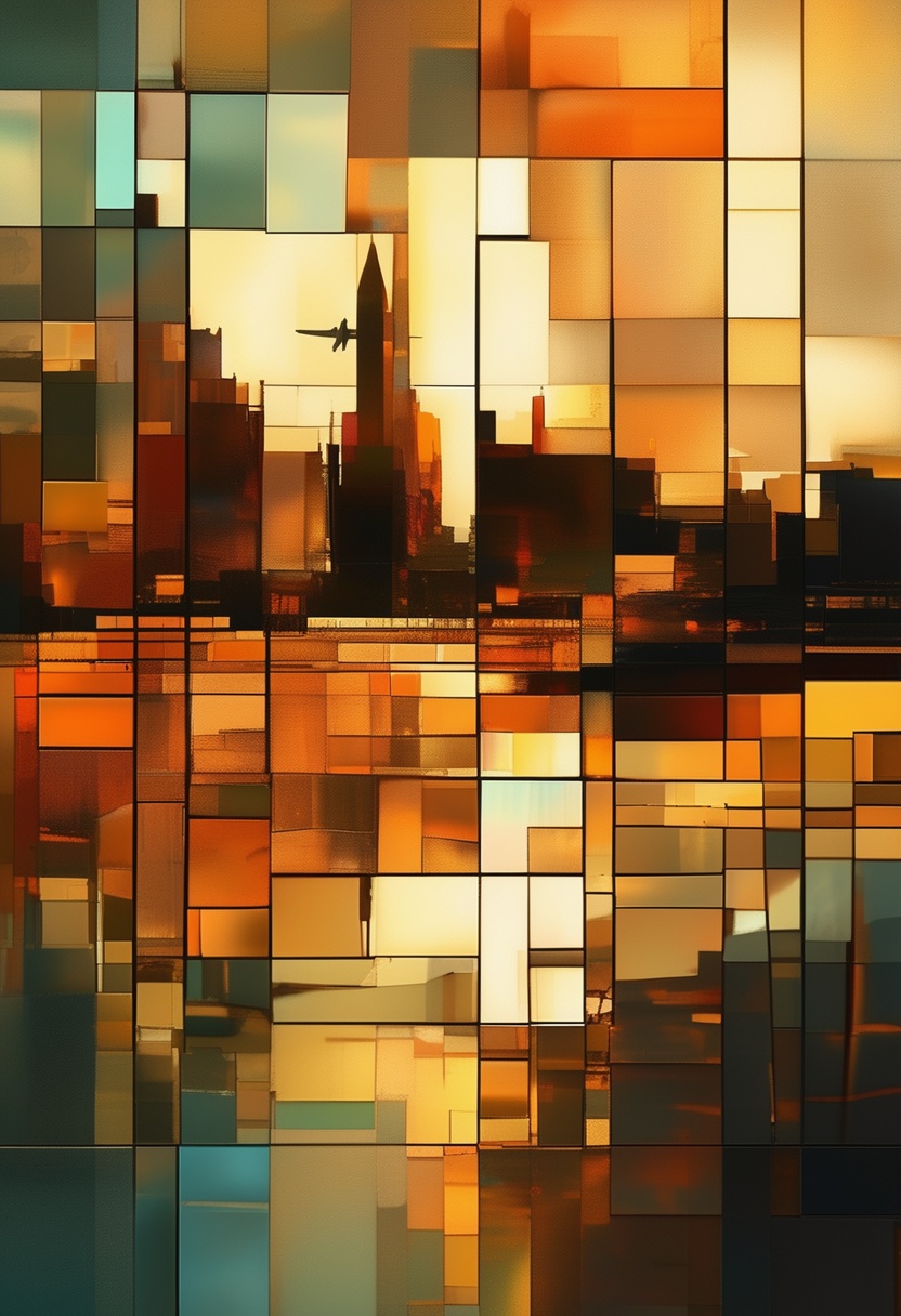 shimmer,  Cubist inspiration,  A landscape represented with planes and flat colors. The landscape could show a field on Te...