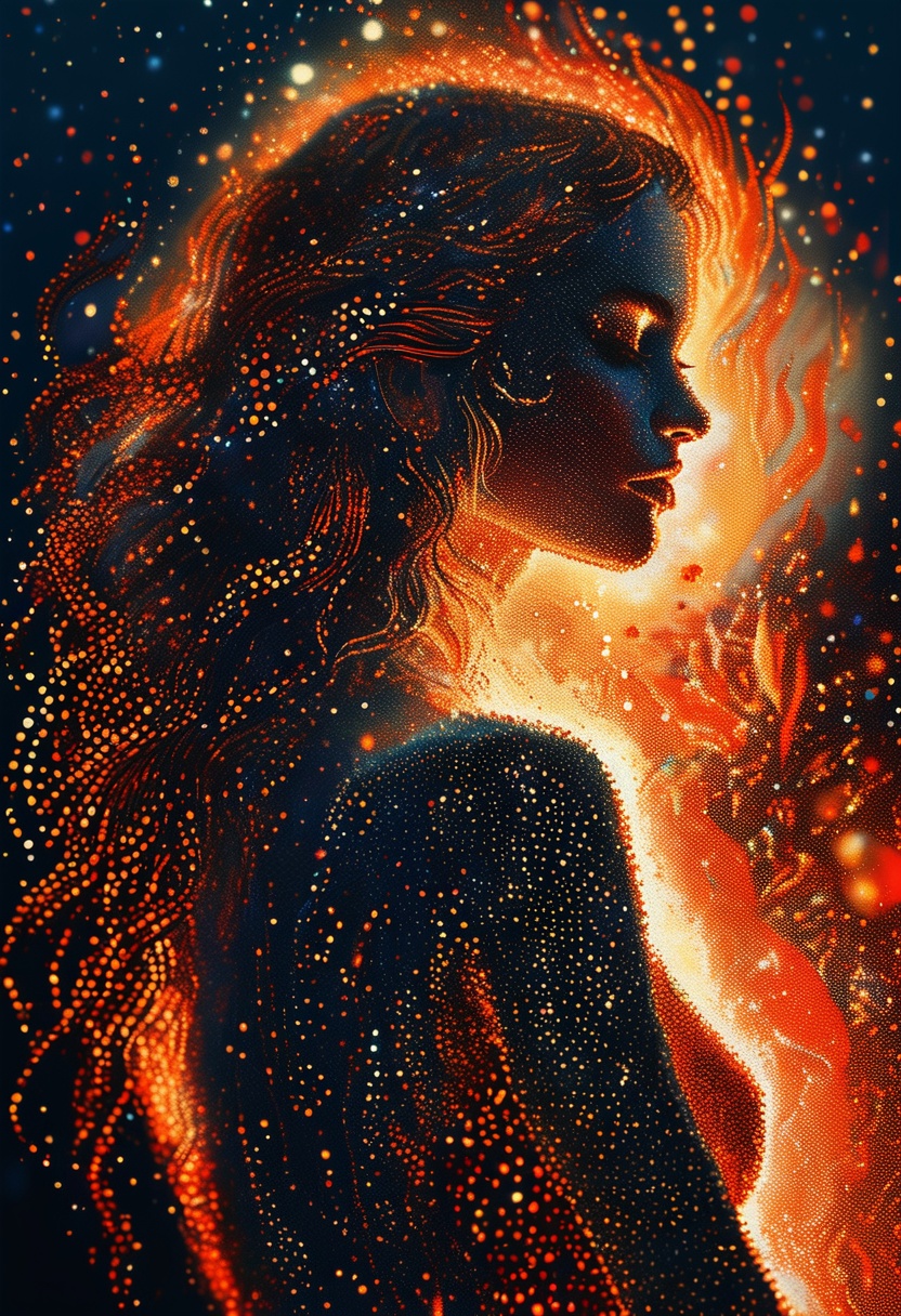 sparkles,  a beautiful woman on fire,  pointillist style on Tensor.Art