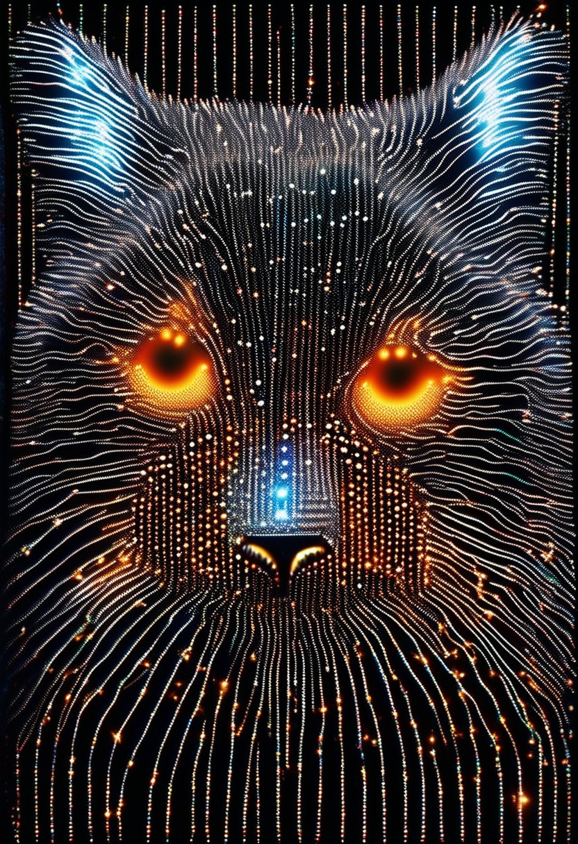 sparkles,  depiction of a cat made out of glowing hot iron inside cold nitrogen,  intricate on Tensor.Art
