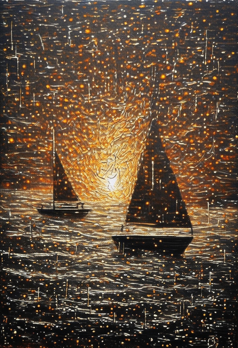 sparkles,  painting on an old canvas,  sunset on the beach on Tensor.Art