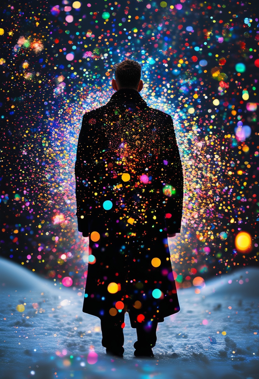 A man in a black coat,  back view,  standing in the snow on Tensor.Art