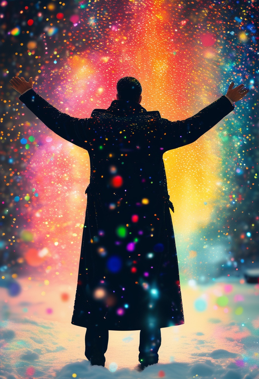 A man in a black coat,  back view,  arms raised on Tensor.Art