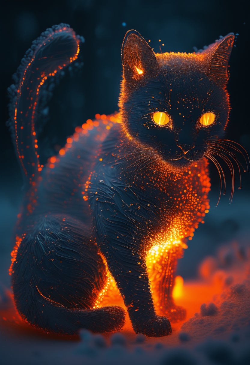 sparkles,  depiction of a cat made out of glowing hot iron inside cold nitrogen,  intricate on Tensor.Art