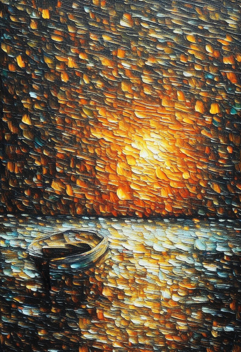 sparkles,  Impressionist oil painting on an old canvas,  sunset on the beach on Tensor.Art
