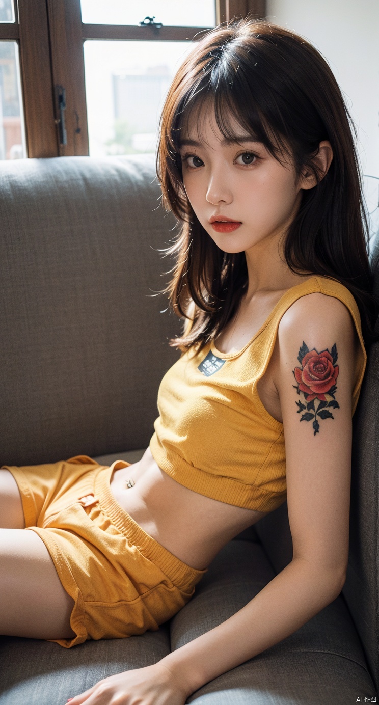 Logical, 18 years old girl,The golden ratio body,asian,T-shirt,medium breasts,1girl,xxs,sofa,Add details,full body photo ,living room,tattoos,moyou, sneakers ,shorts,lying down,corpse, Roll your eyes
,There's a lot of blood,
