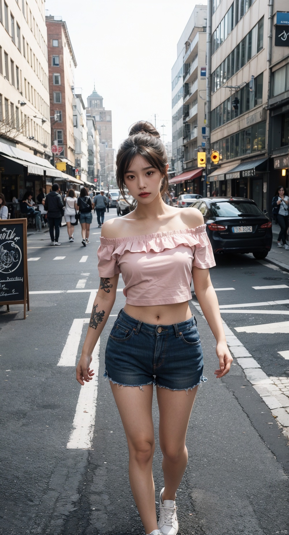 Logical, 18 years old girl,The golden ratio body,asian,White off-the-shoulder T-shirt,medium breasts,tattoo,city,perspective,high ponytail,1girl,xxs, Straighten your legs,Steps,Add details,full body photo ,outdoor,tattoos blackwork,moyou,walking, pink sneakers ,Hyperrealism,shorts,one hand touching head the other touching stomach