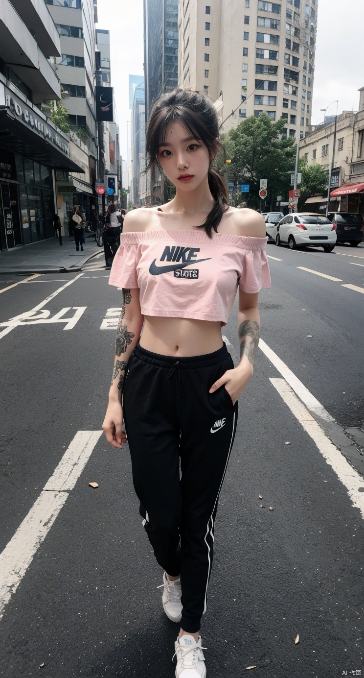 Logical, 14 years old girl,The golden ratio body,asian,White off-the-shoulder T-shirt,medium breasts,tattoo,city,perspective,high ponytail,1girl,xxs, Straighten your legs,Steps,hand remove shirt, Add details,full body photo ,outdoor,tattoos blackwork,moyou,walking, pink sneakers ,Hyperrealism,track pants,Nike,one hand touching head the other touching stomach