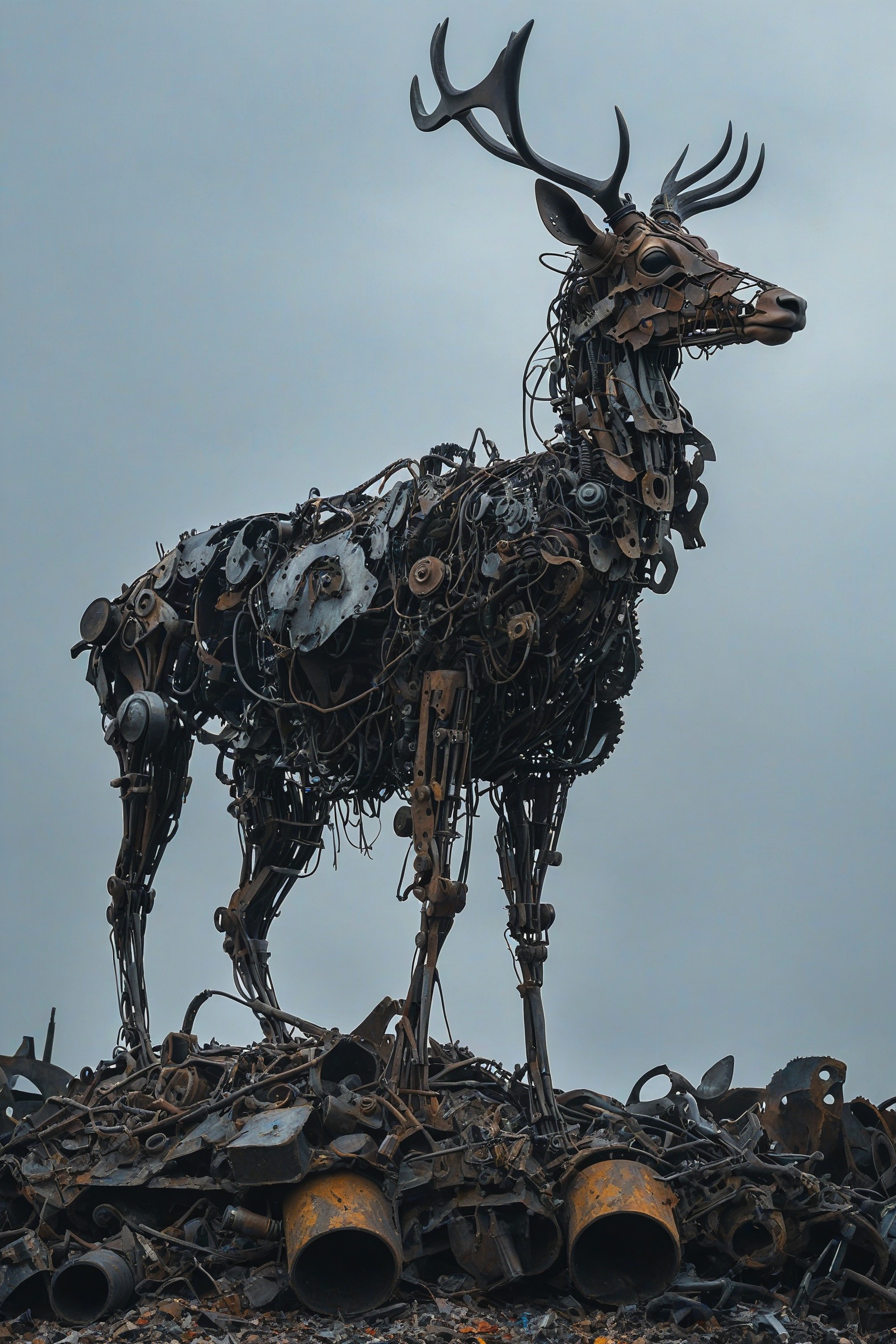 A towering,  intricately constructed mechanical deer standing atop a mound of discarded metal and debris. The deer appears...