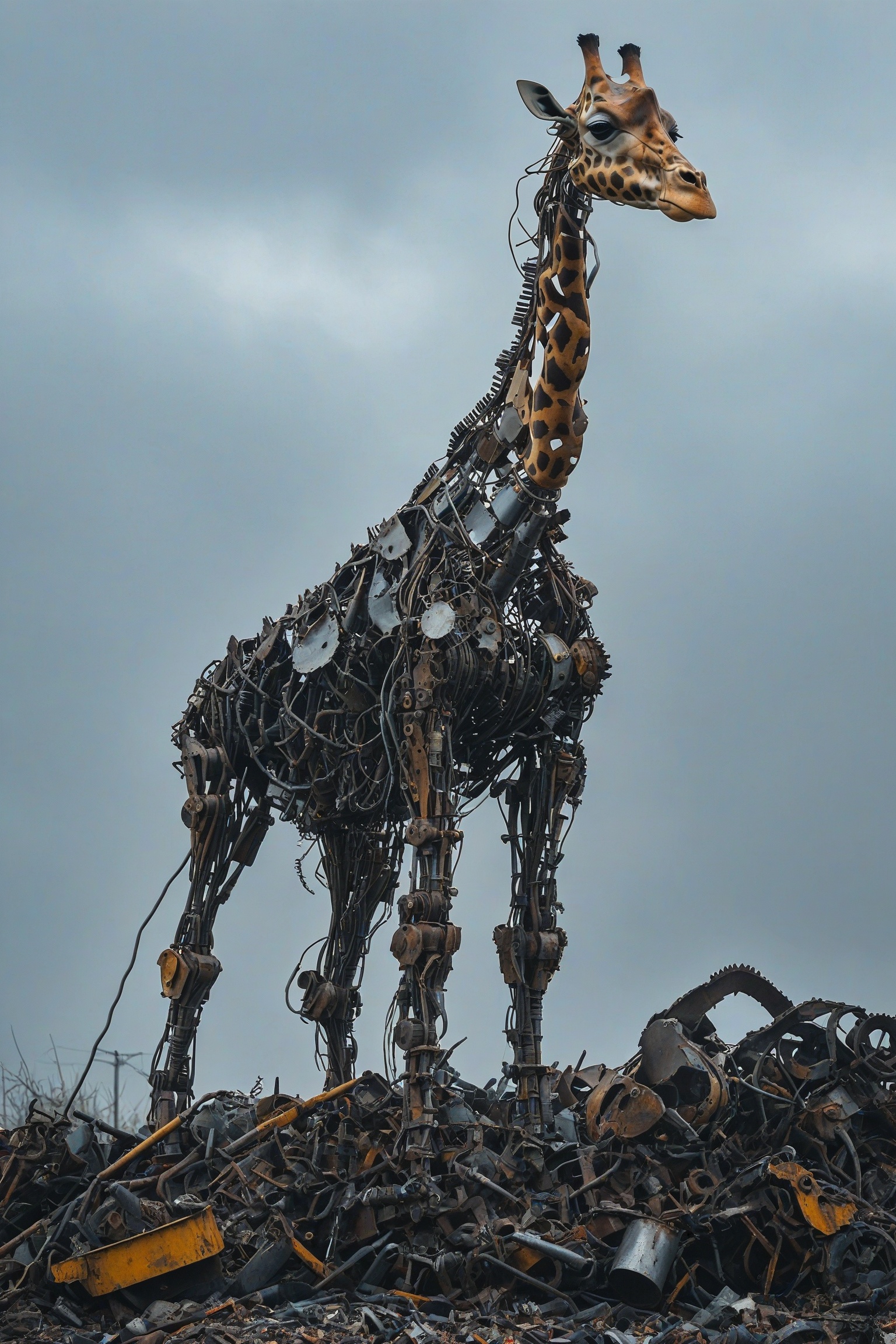 A towering,  intricately constructed mechanical giraffe standing atop a mound of discarded metal and debris. The giraffe a...