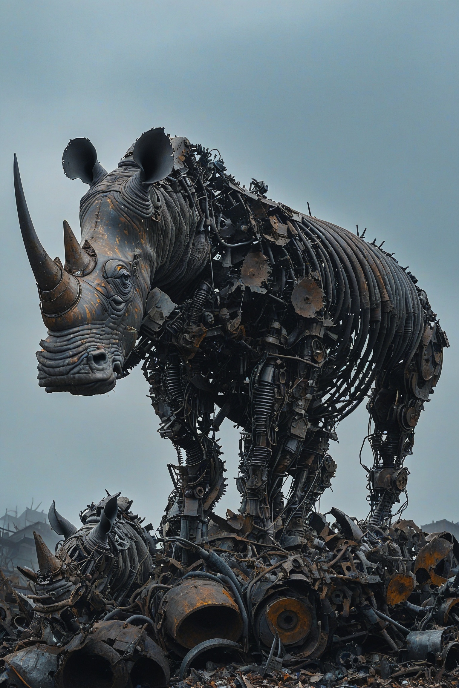 A towering,  intricately constructed mechanical rhinoceros standing atop a mound of discarded metal and debris. The rhinoc...