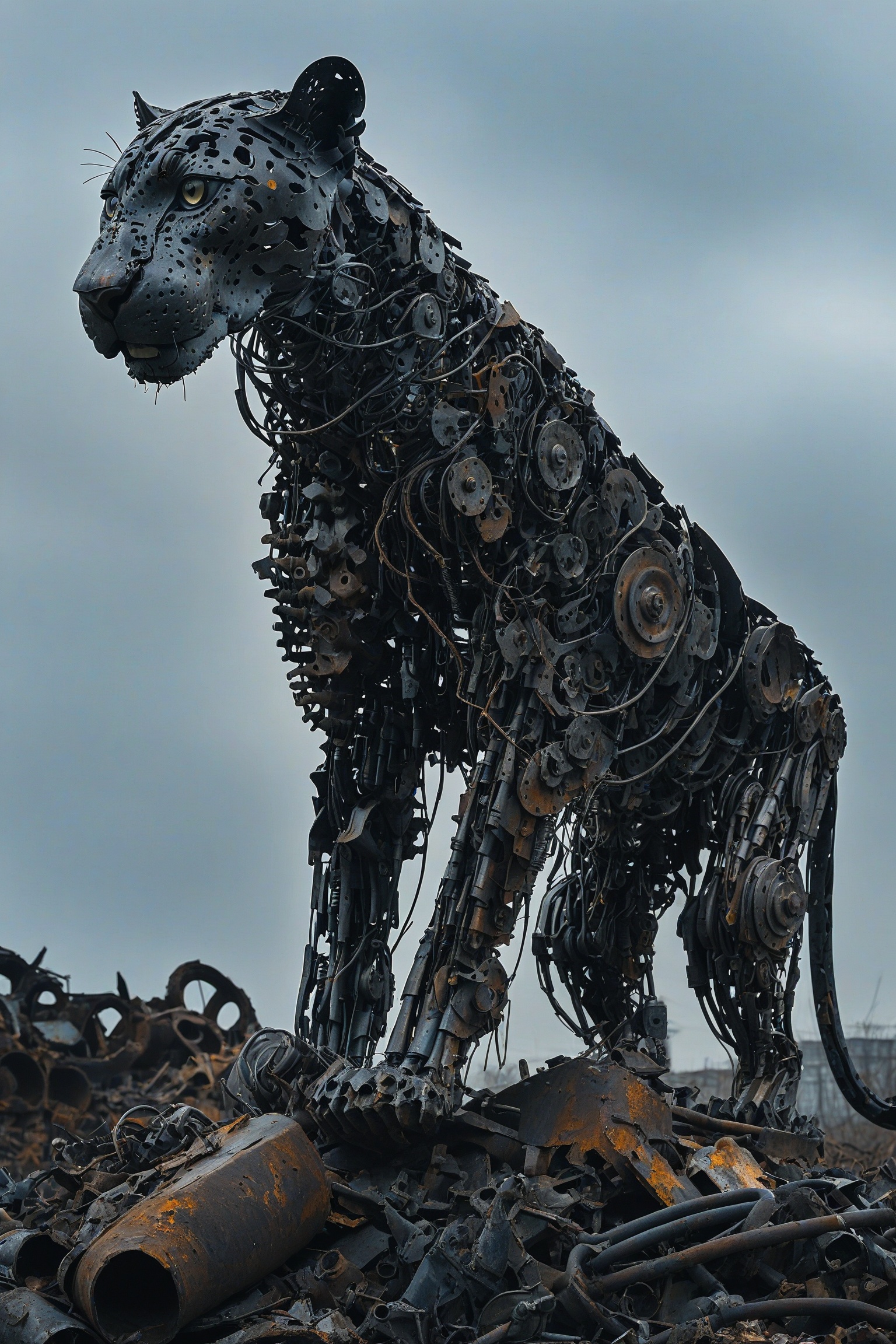 A towering,  intricately constructed mechanical panther standing atop a mound of discarded metal and debris. The panther a...