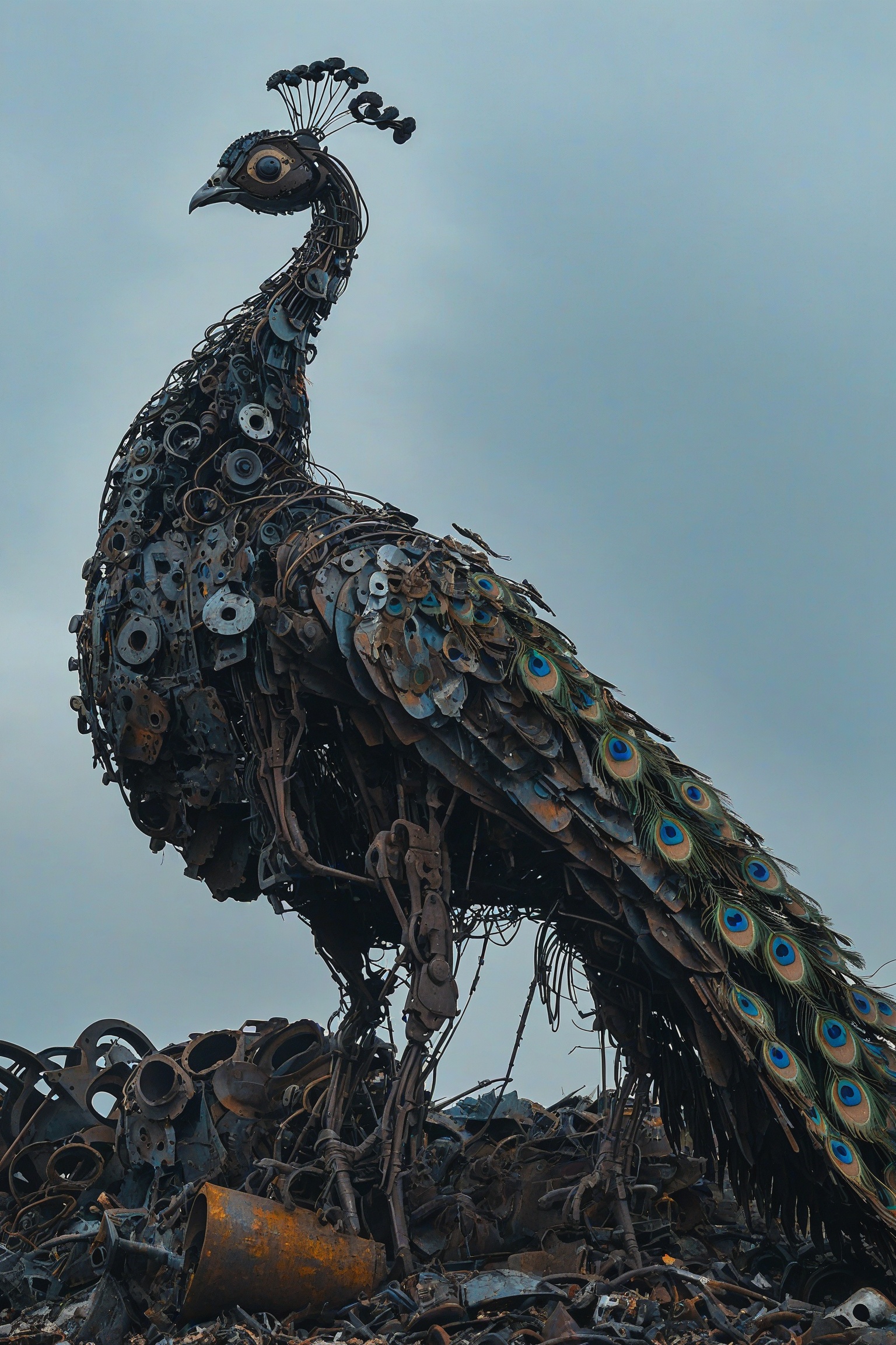 A towering,  intricately constructed mechanical peacock standing atop a mound of discarded metal and debris. The peacock a...