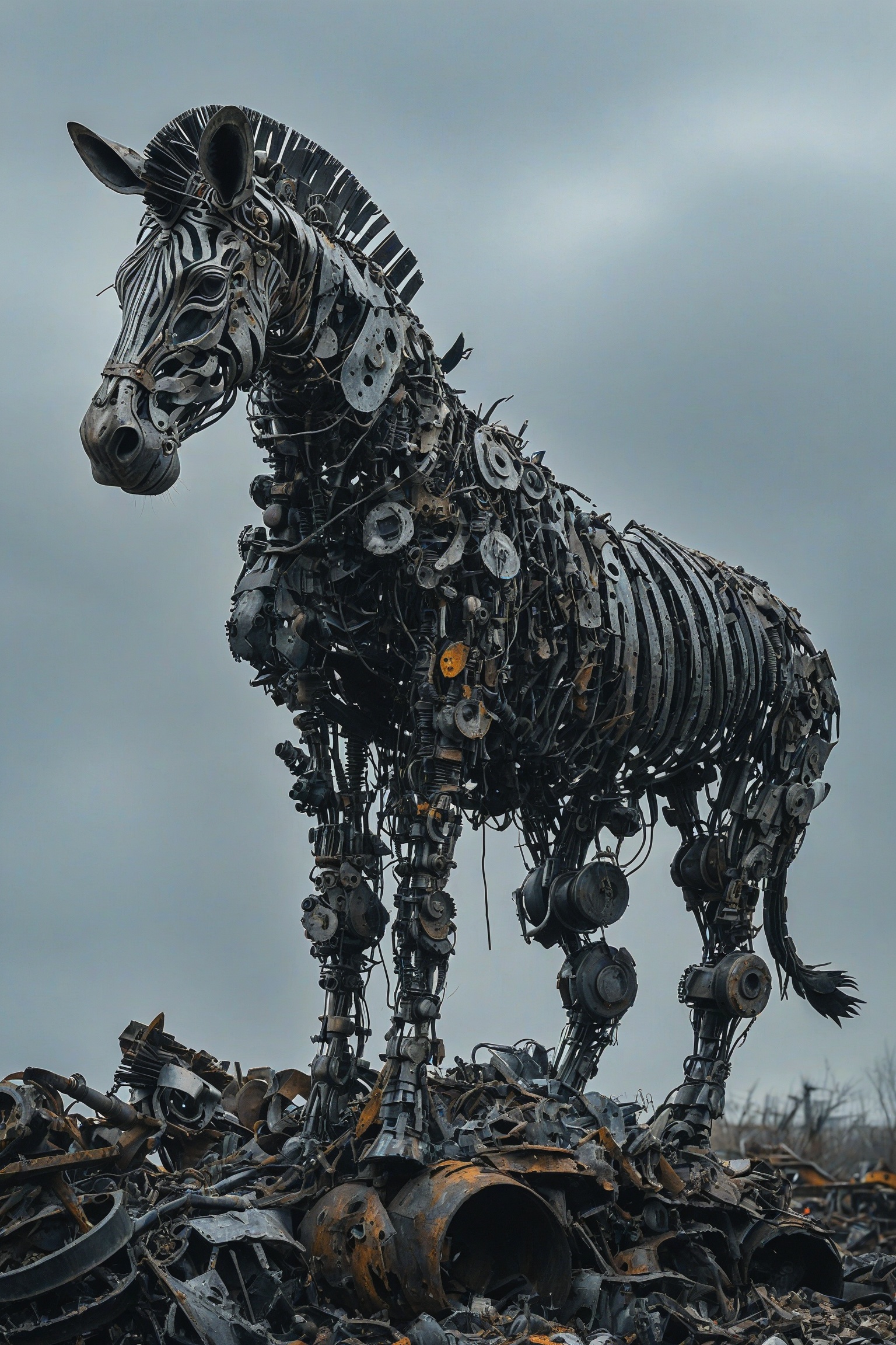 A towering,  intricately constructed mechanical zebra standing atop a mound of discarded metal and debris. The zebra appea...