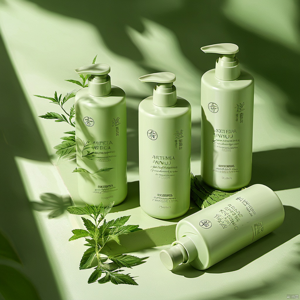 Shot from a downward Angle, the combination packaging, three bottles of shampoo, matcha green bottles on the steps, rolled up against a matcha green background. Artemisia annua. There are some fresh mugwort leaves nearby.