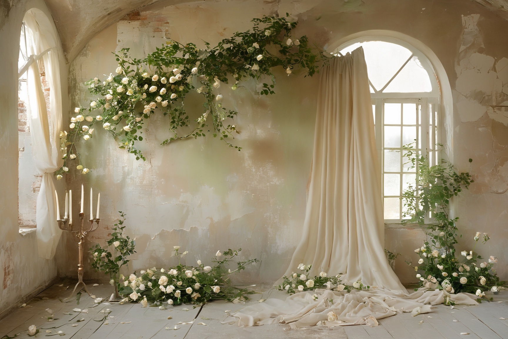 An elegantly aged room with large arched windows that let in soft sunlight. The walls are adorned with faded paint and pee...