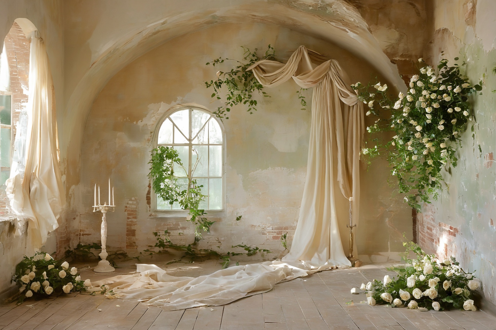 An elegantly aged room with large arched windows that let in soft sunlight. The walls are adorned with faded paint and pee...