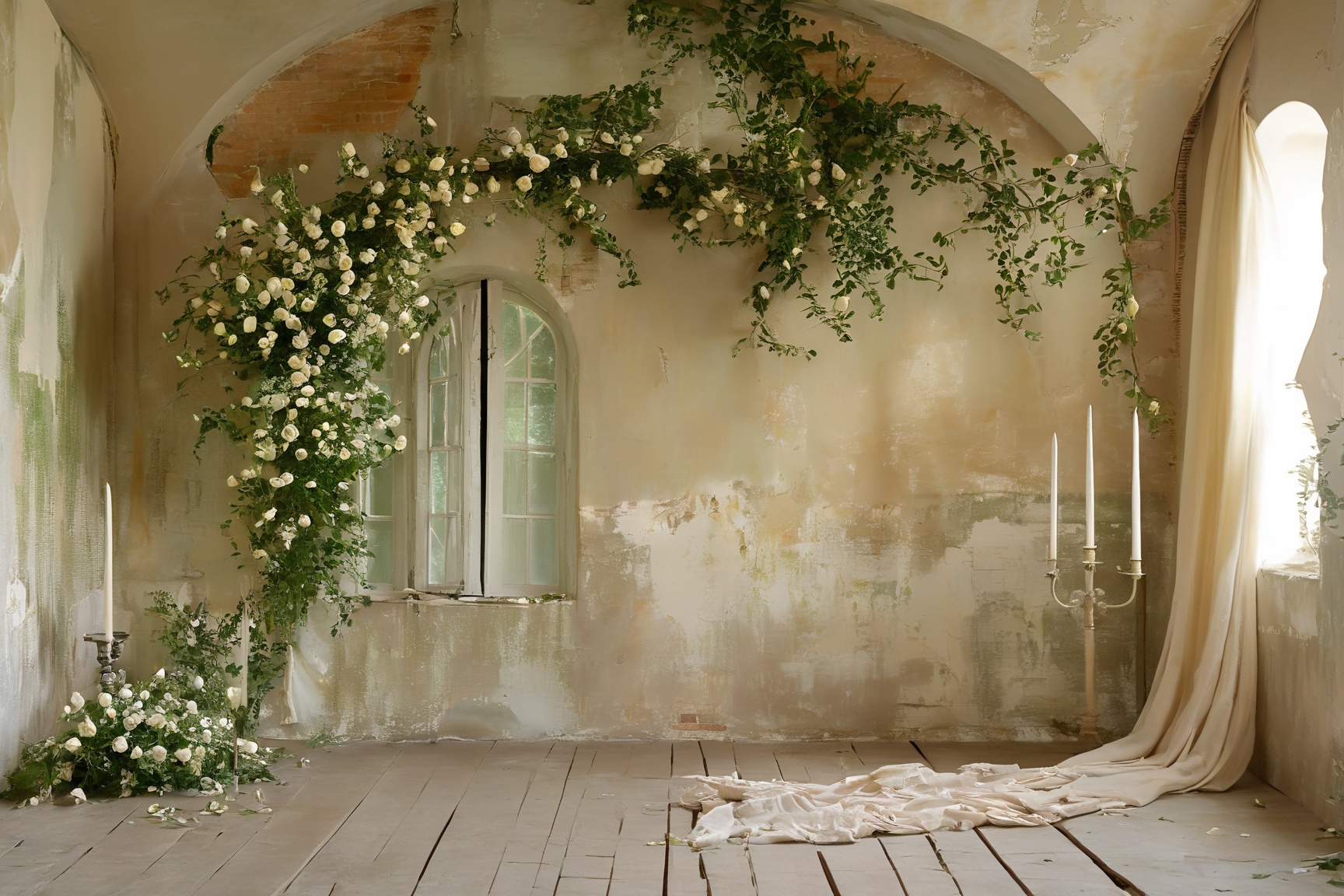 An elegantly aged room with large arched windows that let in soft sunlight. The walls are adorned with faded paint and pee...