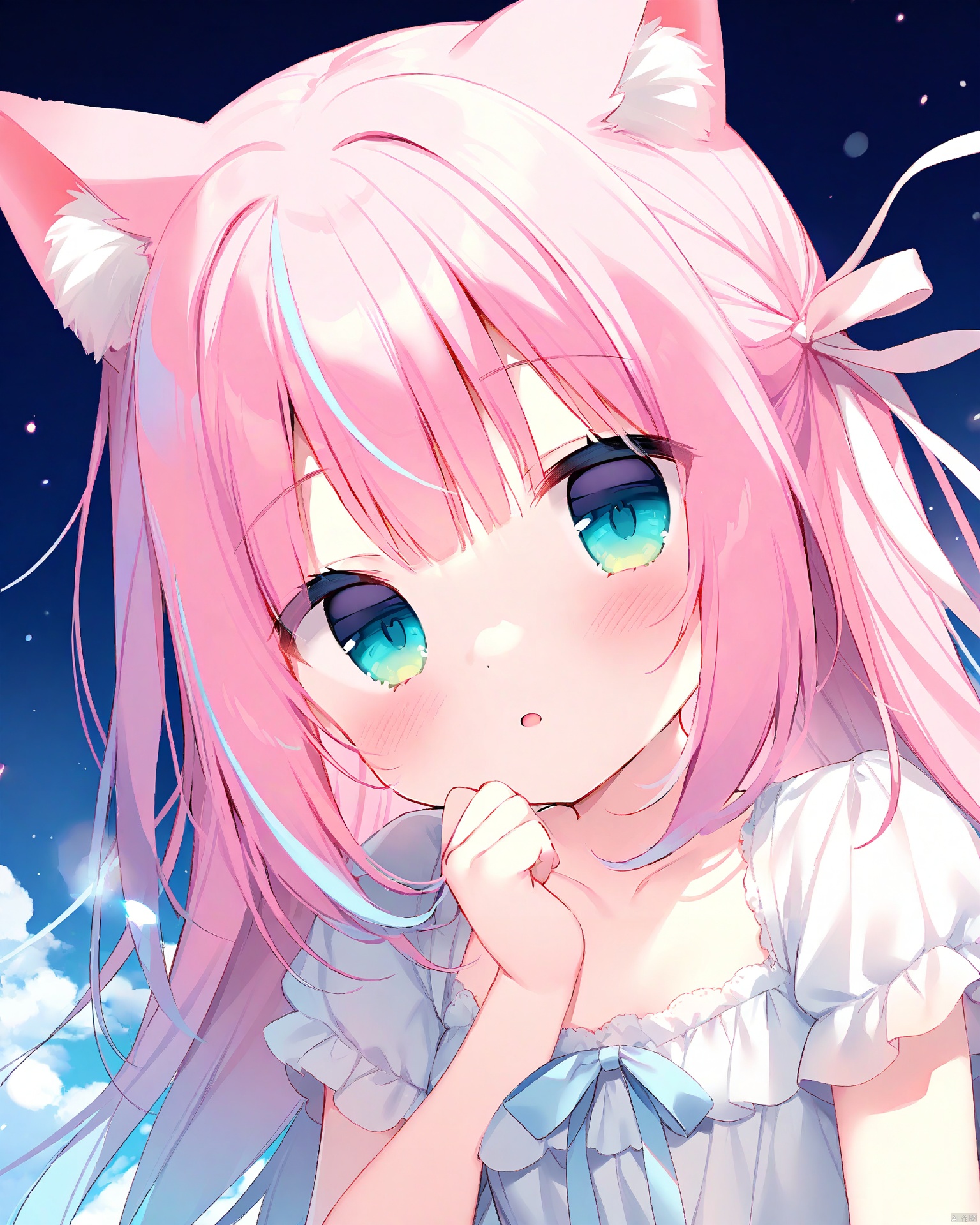 Best-A,(LOOPERS:0.95),[piyodera_mucha|usashiro_mani],[(chen_bin:1.1)|(shiratama \(shiratamaco\):0.8)],[(Nachoneko:0.7)|mafuyu],[uzu-Soft Style|Artist rurudo],masterpiece, best quality,,gradient hair,(pink_hair:0.65),[(pink_hair:1.2)|{white_hair:0.8)],[aqua eyes|blue_eyes],very_long_hair,streaked_hair,1girl,cat_girl,cat_ears,kemonomimi,ke,animal_ear_fluff,monomimi_mode, head_tilt, hair_ribbon, flower_ribbon, hair_bow, small_breasts,star,stare,(interhair_blue_hair:1.15),[flower|dress],[cloud|bow],[happy],glowing eyes,
负向提示
