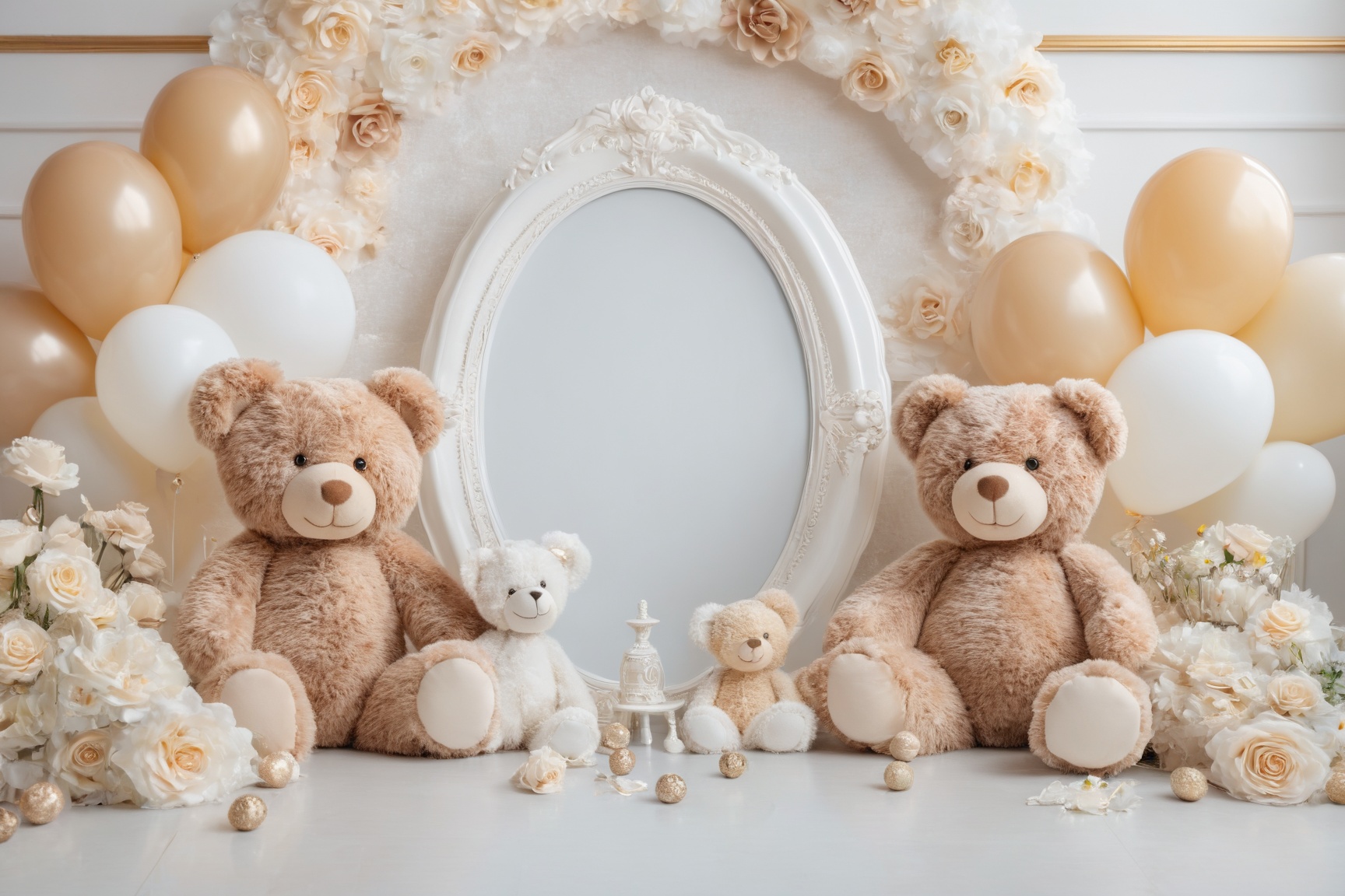 A serene and elegant setting,  dominated by soft pastel colors. Two teddy bears,  one larger and one smaller on Tensor.Art