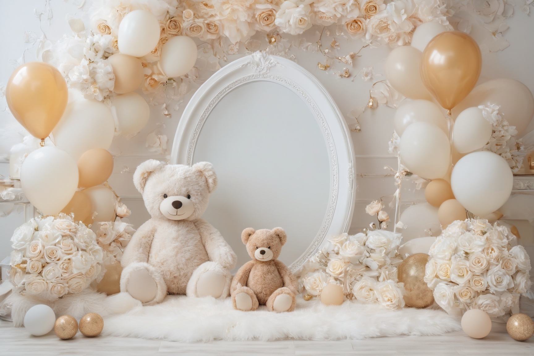 A serene and elegant setting,  dominated by soft pastel colors. Two teddy bears,  one larger and one smaller on Tensor.Art